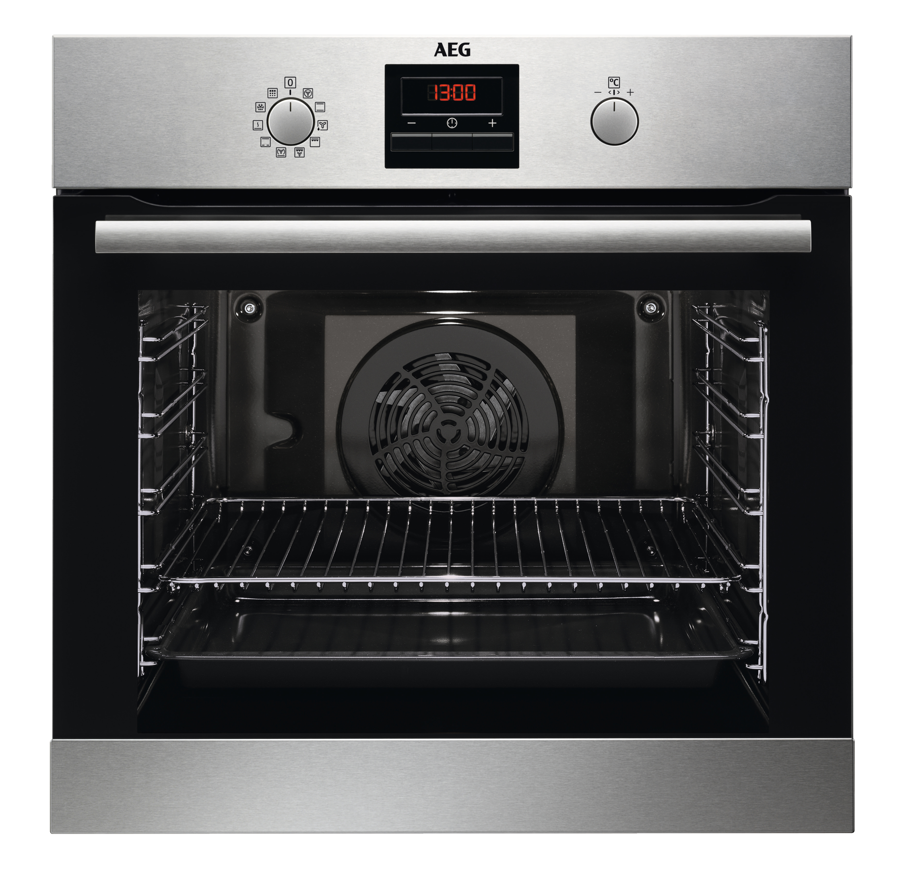 AEG Einbau-Backofen aus Edelstahl, offen, mit Rosten und Lüfter sichtbar.