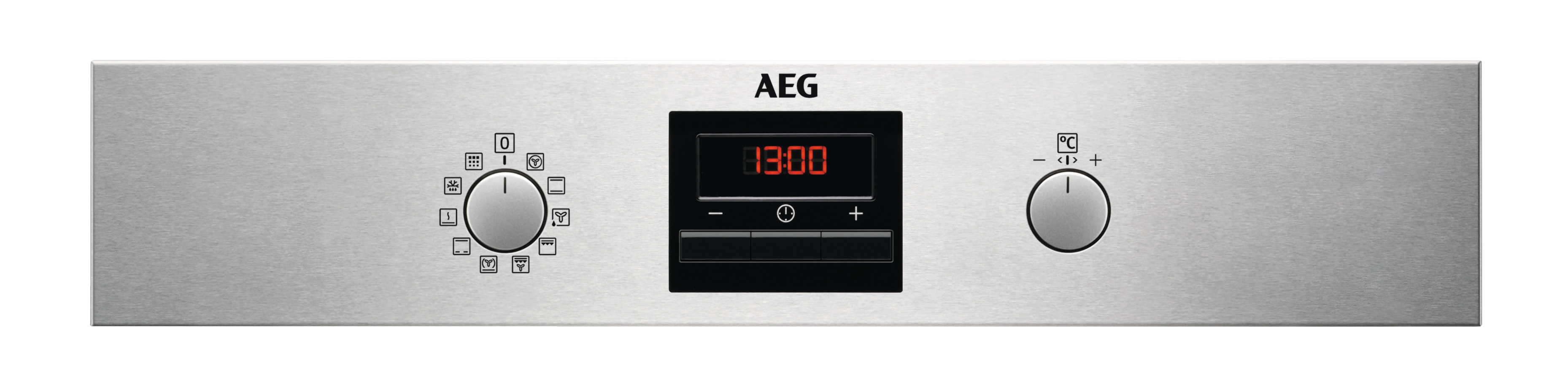 Silbernes AEG-Backofen-Bedienfeld mit Knöpfen, Display und Tasten, isoliert.