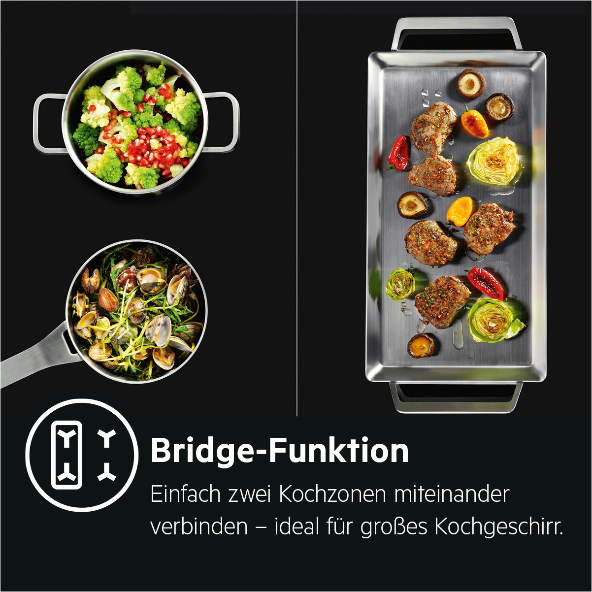 Zwei Kochpfannen mit Essen, ein Grill mit Essen und ein Text 'Bridge-Funktion'.