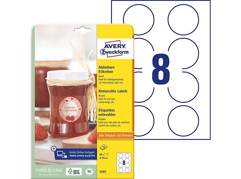 AVERY ZWECKFORM Runde Etiketten, ablösbar, Ø 65 mm, 5081