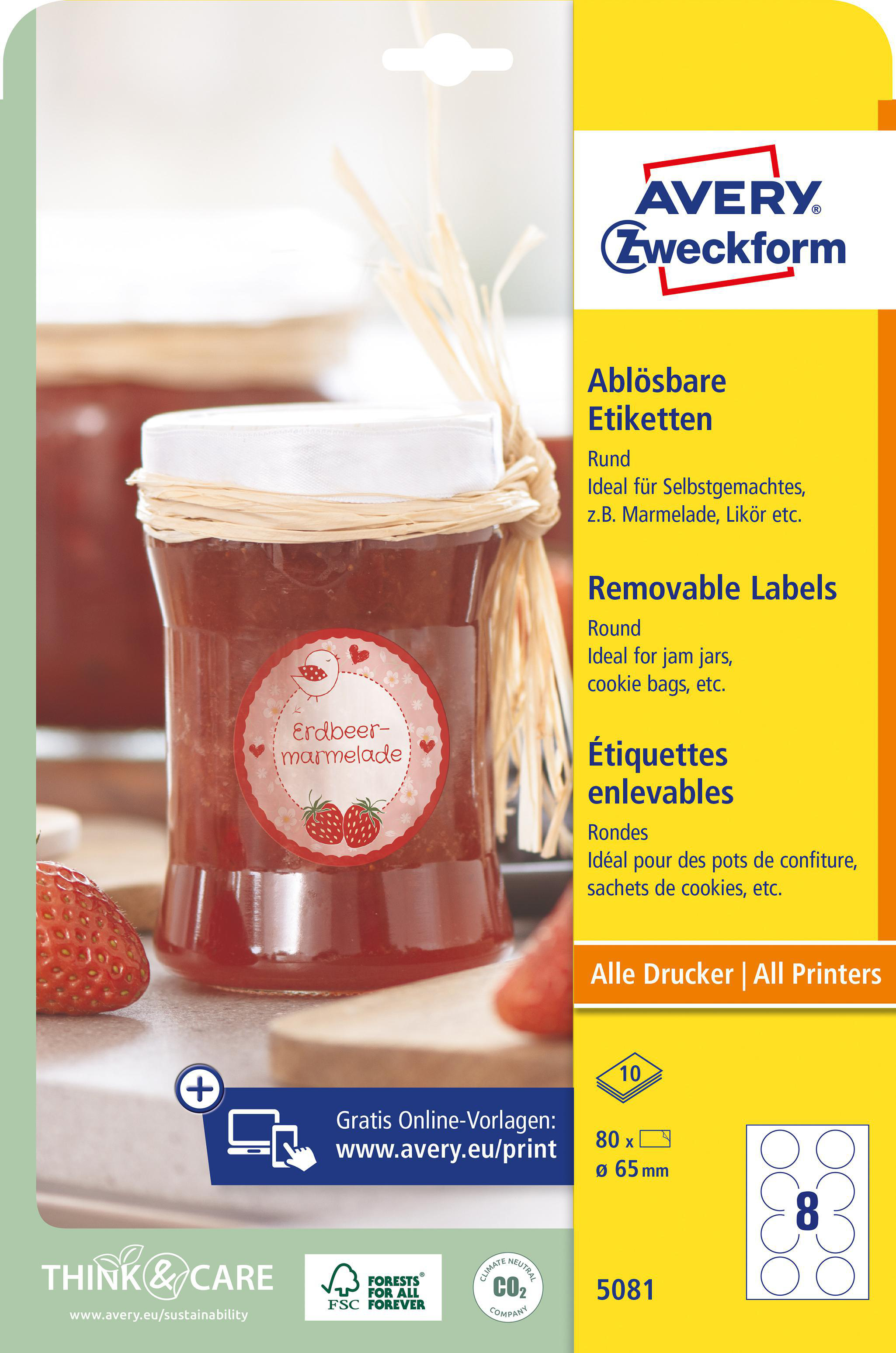 AVERY ZWECKFORM Runde Etiketten, ablösbar, Ø 65 mm, 5081