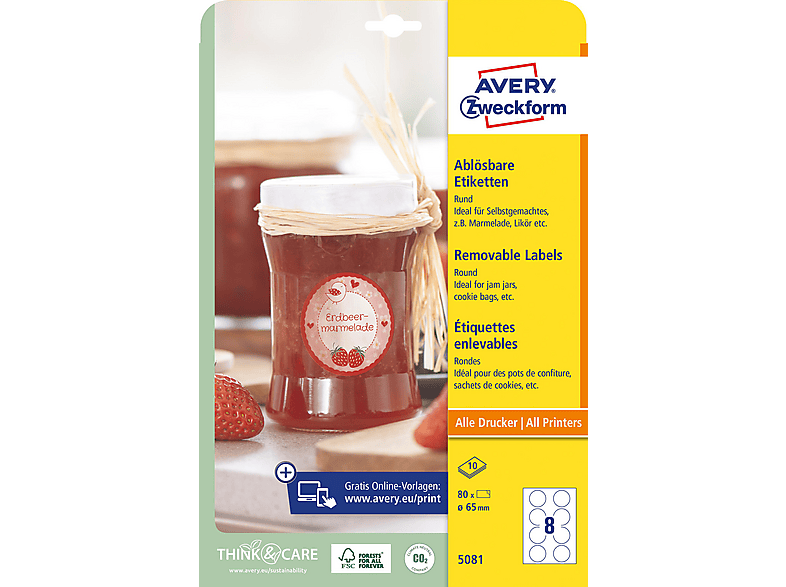 AVERY ZWECKFORM Runde Etiketten, ablösbar, Ø 65 mm, 5081 — Foto 3 von 4