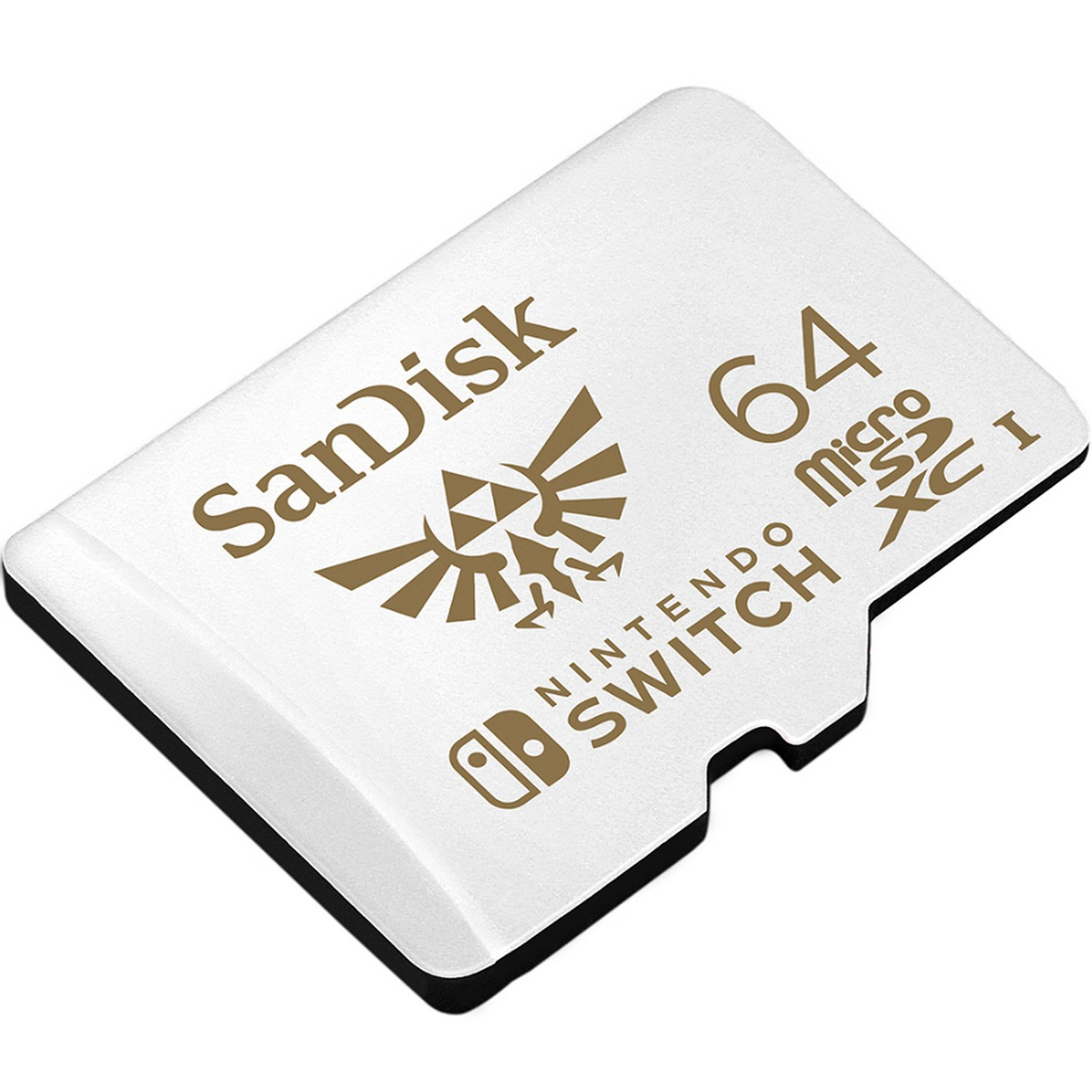 Una tarjeta micro SD Sandisk blanca con el logo de Nintendo Switch. La tarjeta dice 64 GB.