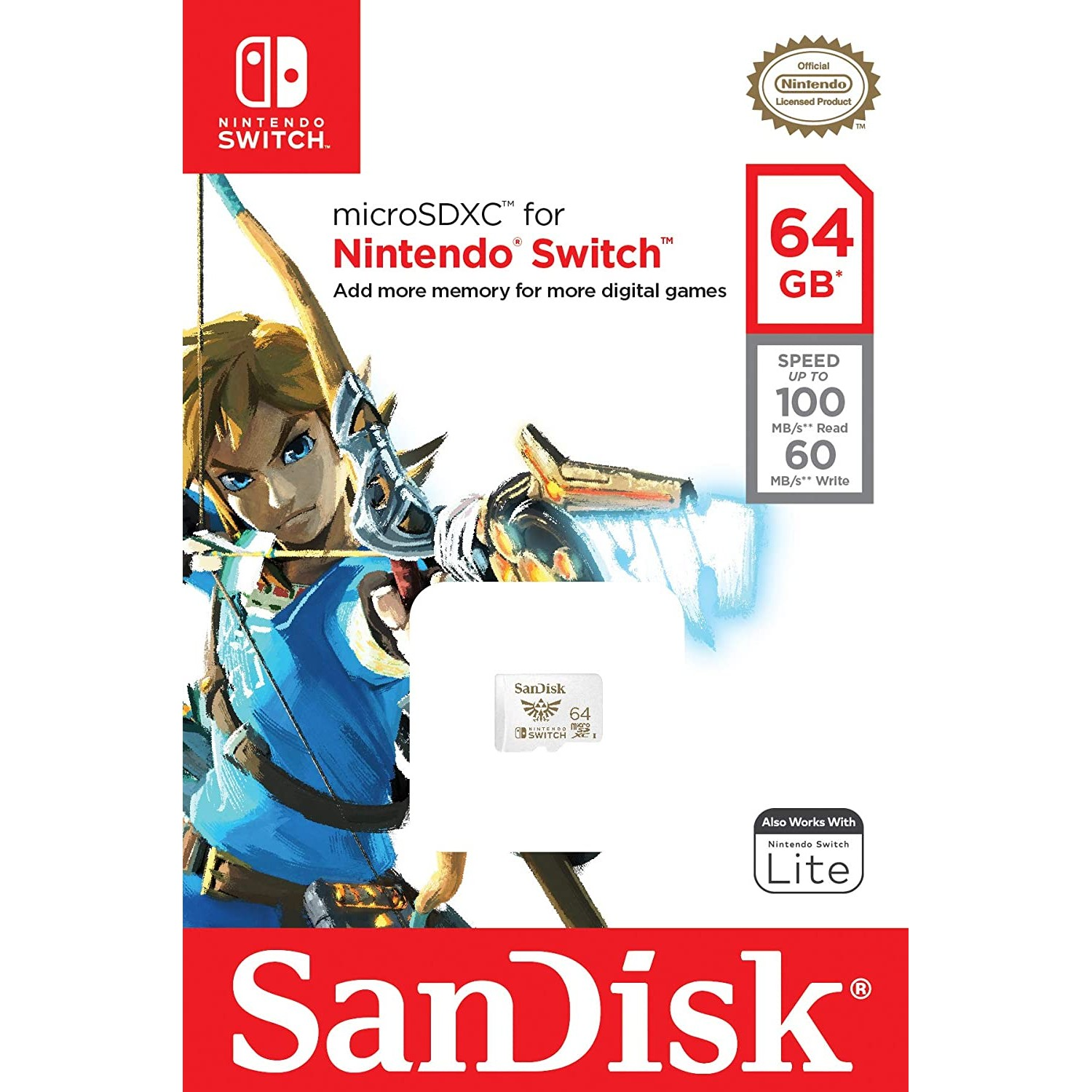 Caja de tarjeta de juego de Nintendo Switch. Dice '64 GB' y presenta a Link del juego.