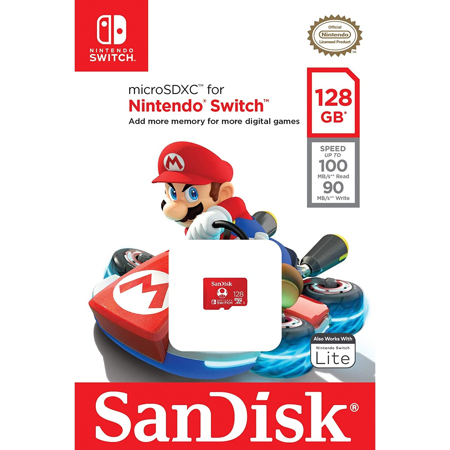 Caja de tarjeta de juego de Nintendo Switch. Dice '128 GB' y presenta a Mario del juego.