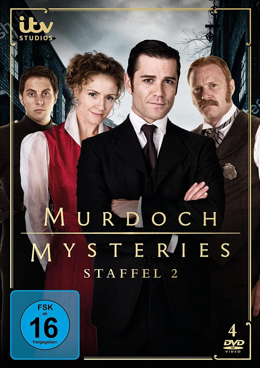 DVD-Cover für "Murdoch Mysteries", vier Personen vor einem Backsteingebäude.