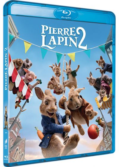 Blu-ray case with cartoon bunnies and pigs, with text. Blue sky background.