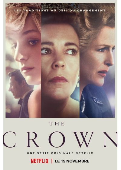 Poster voor de serie The Crown met drie actrices. Tekst boven en onder.