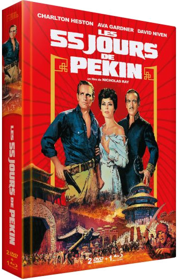 Coffret de films. Couverture rouge avec acteurs. Titre 'Les 55 Jours de Pekin'.