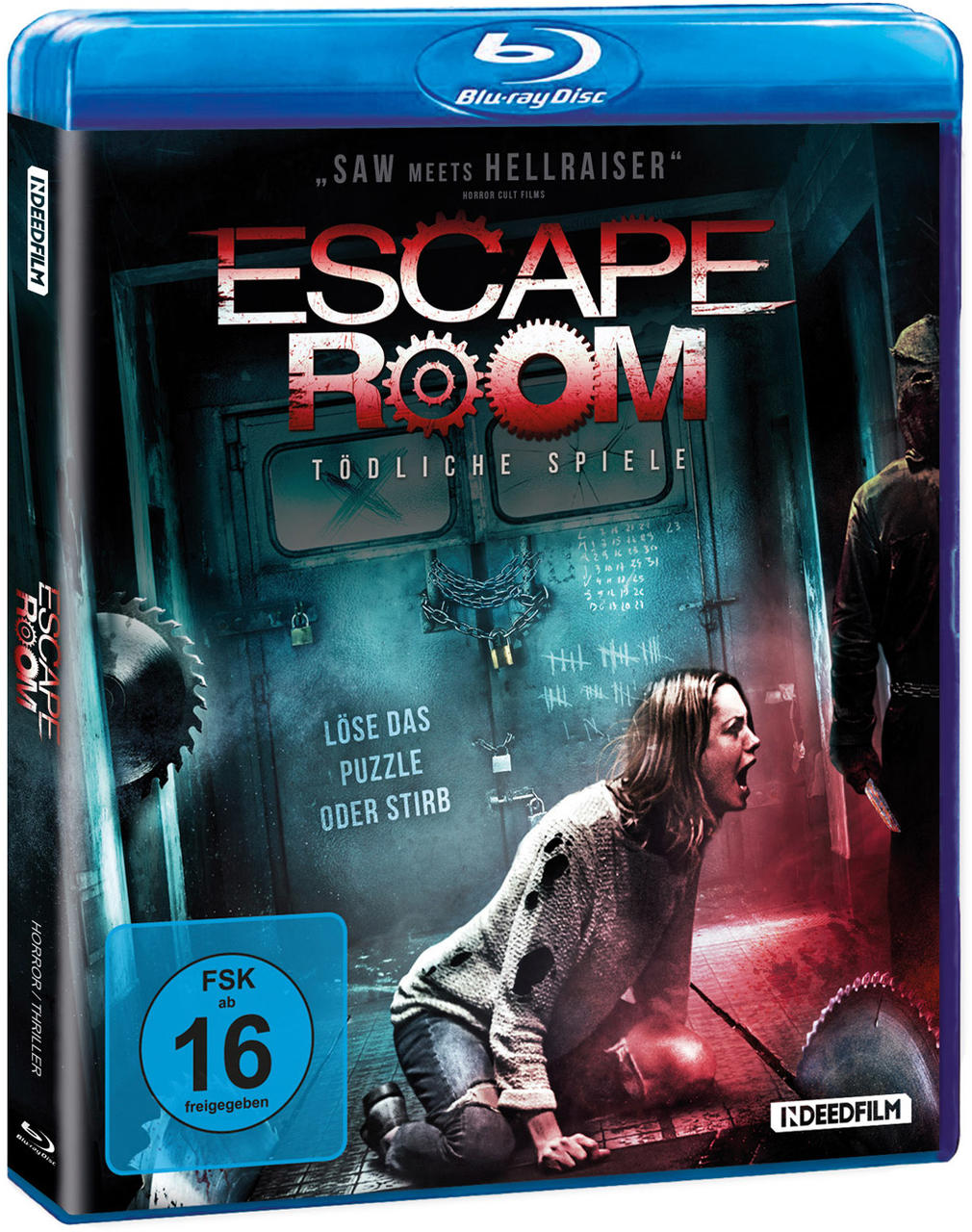 Ein Blu-ray-Cover mit dem Titel 'Escape Room' in roten Buchstaben. Eine Frau schreit.