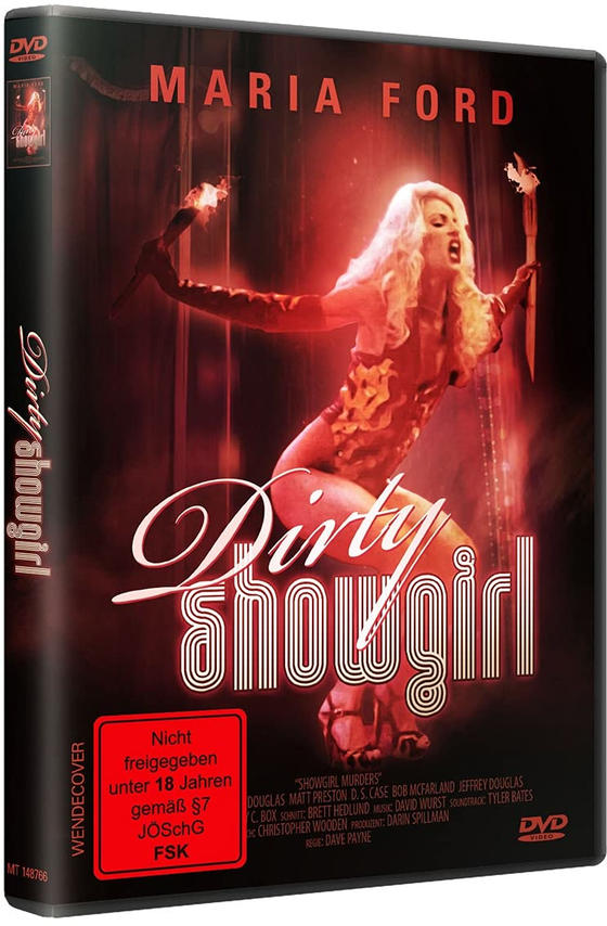 DVD-Hülle für Dirty Showgirl. Frau in rotem Outfit, Filmtitel und DVD-Label.
