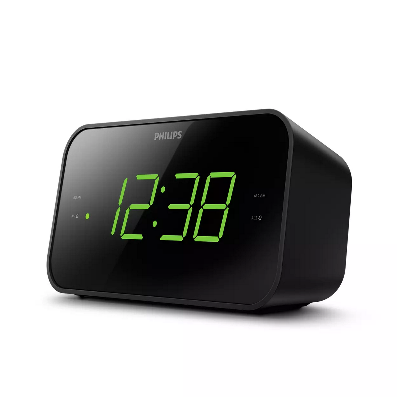 Reloj despertador digital Philips negro que muestra 12:38. El reloj tiene una pantalla LED verde.
