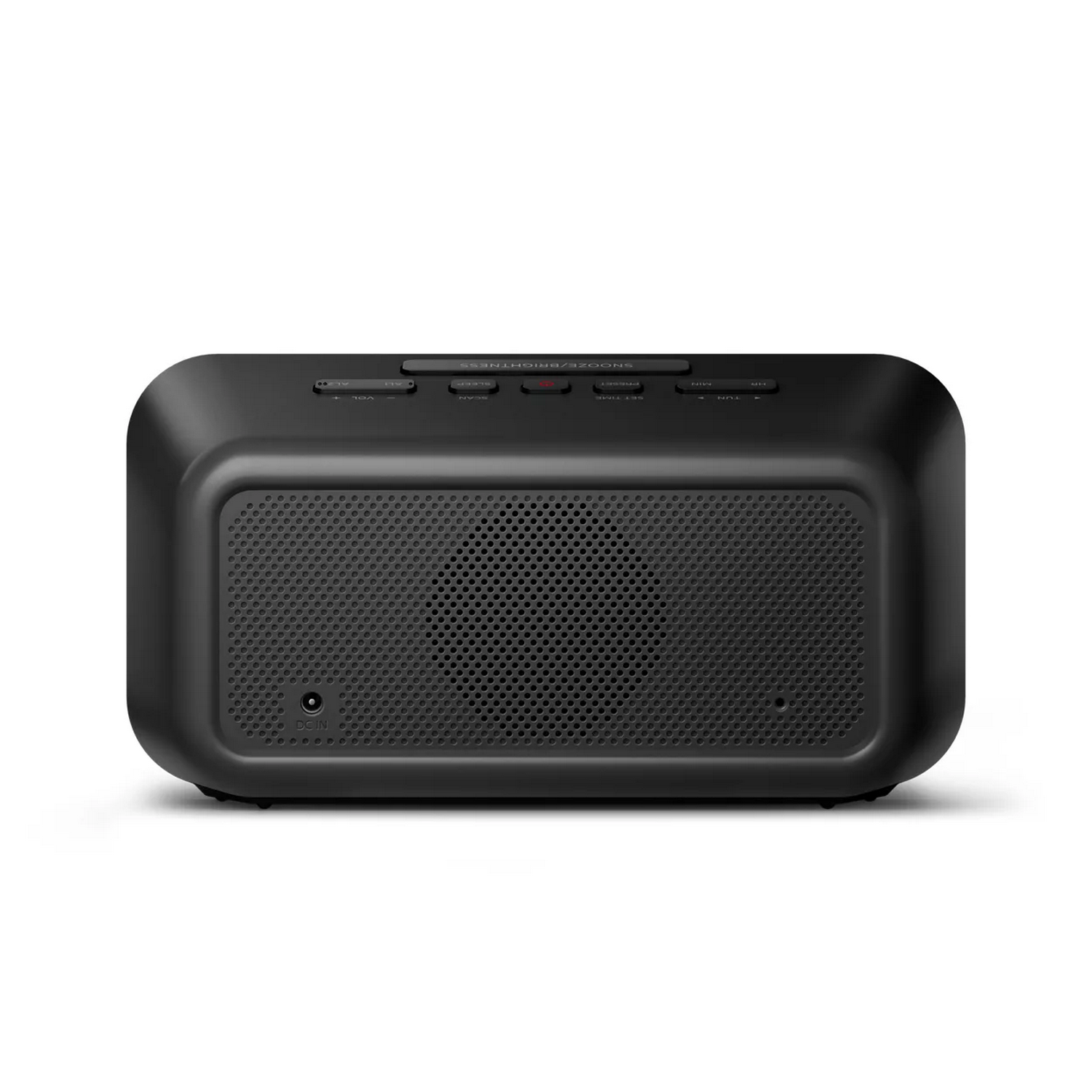 Altavoz rectangular negro. Controles en la parte superior y un puerto de CC en la parte posterior. Esquinas redondeadas.