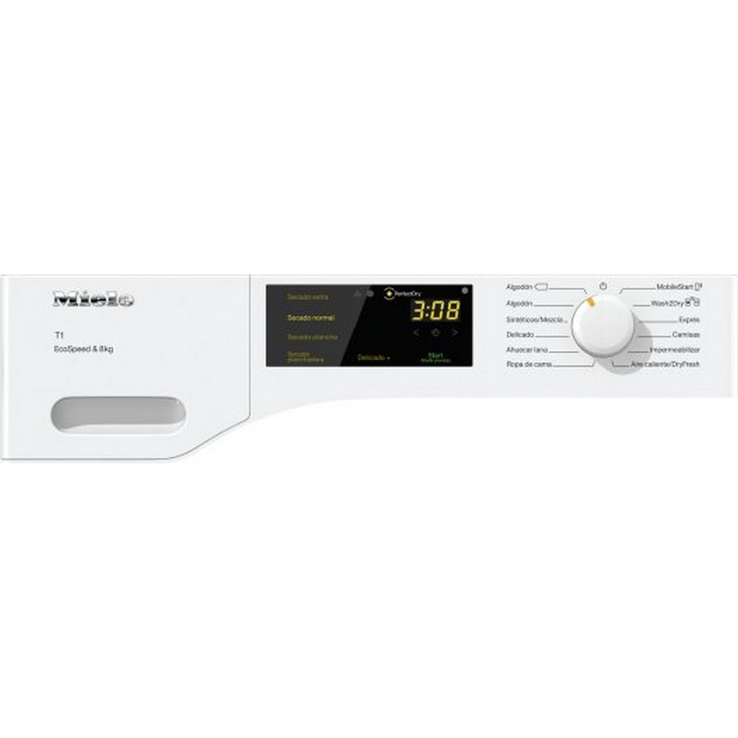 Primer plano del panel de control de una lavadora Miele que muestra la configuración y una pantalla digital.