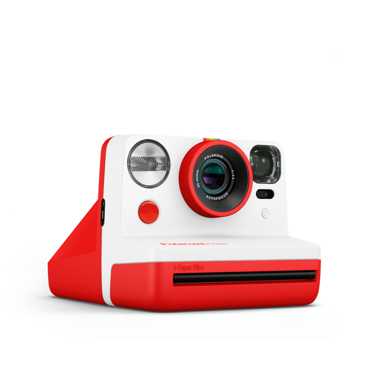 Cámara Polaroid roja y blanca sobre fondo negro.