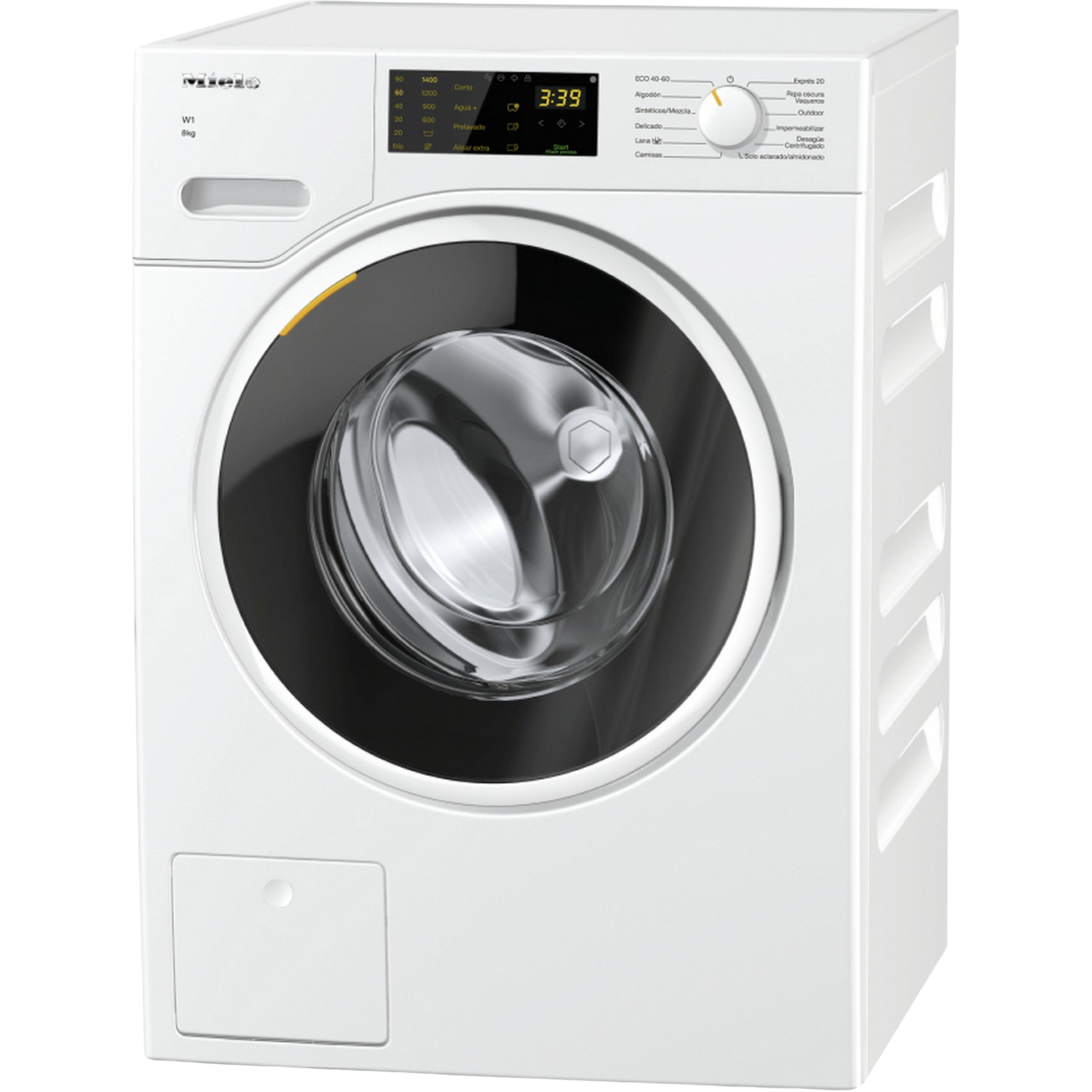 Una lavadora Miele blanca con puerta negra y panel de control.