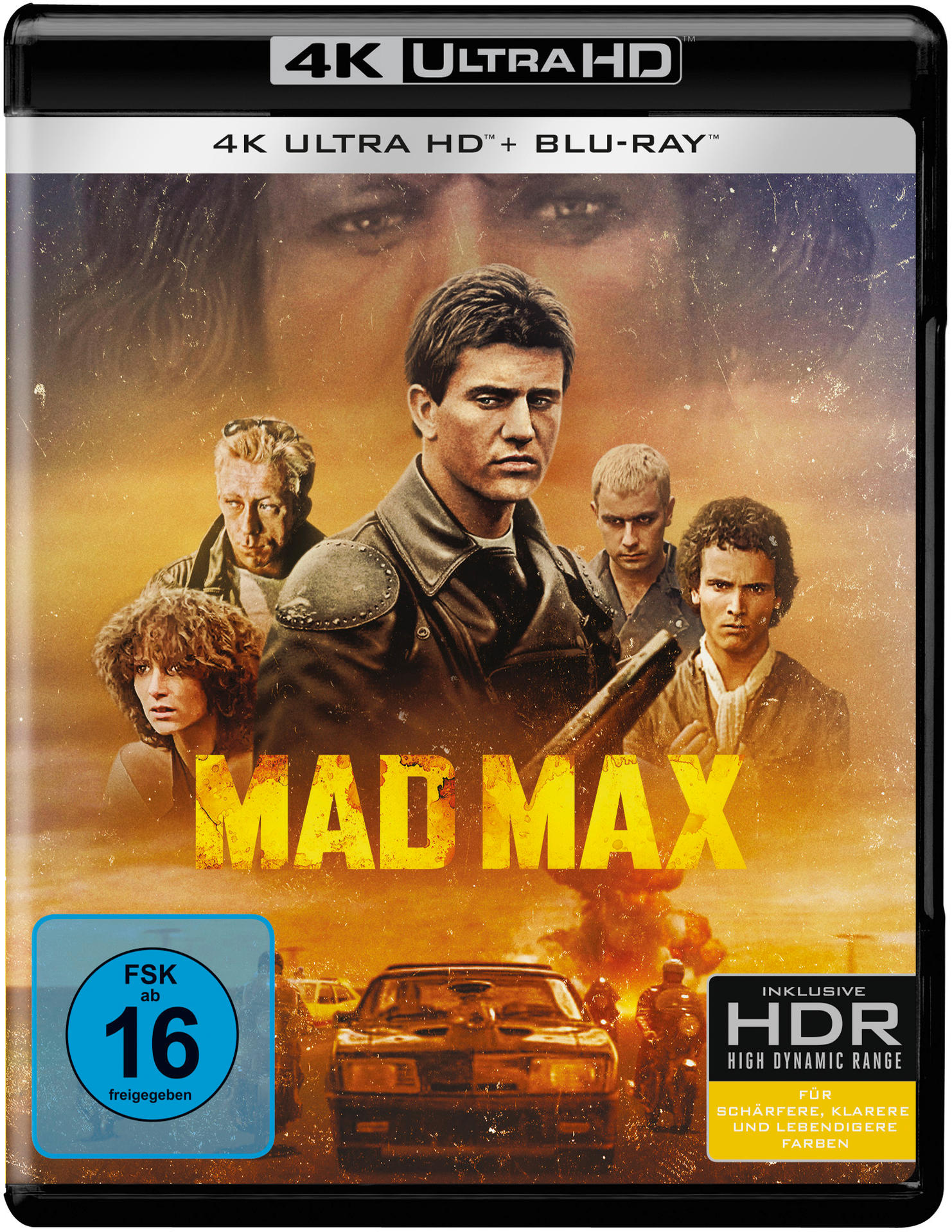 Mad Max Blu-ray-Cover mit Männern und einem Auto. FSK 16-Aufkleber vorhanden. 4K Ultra HD-Logo.