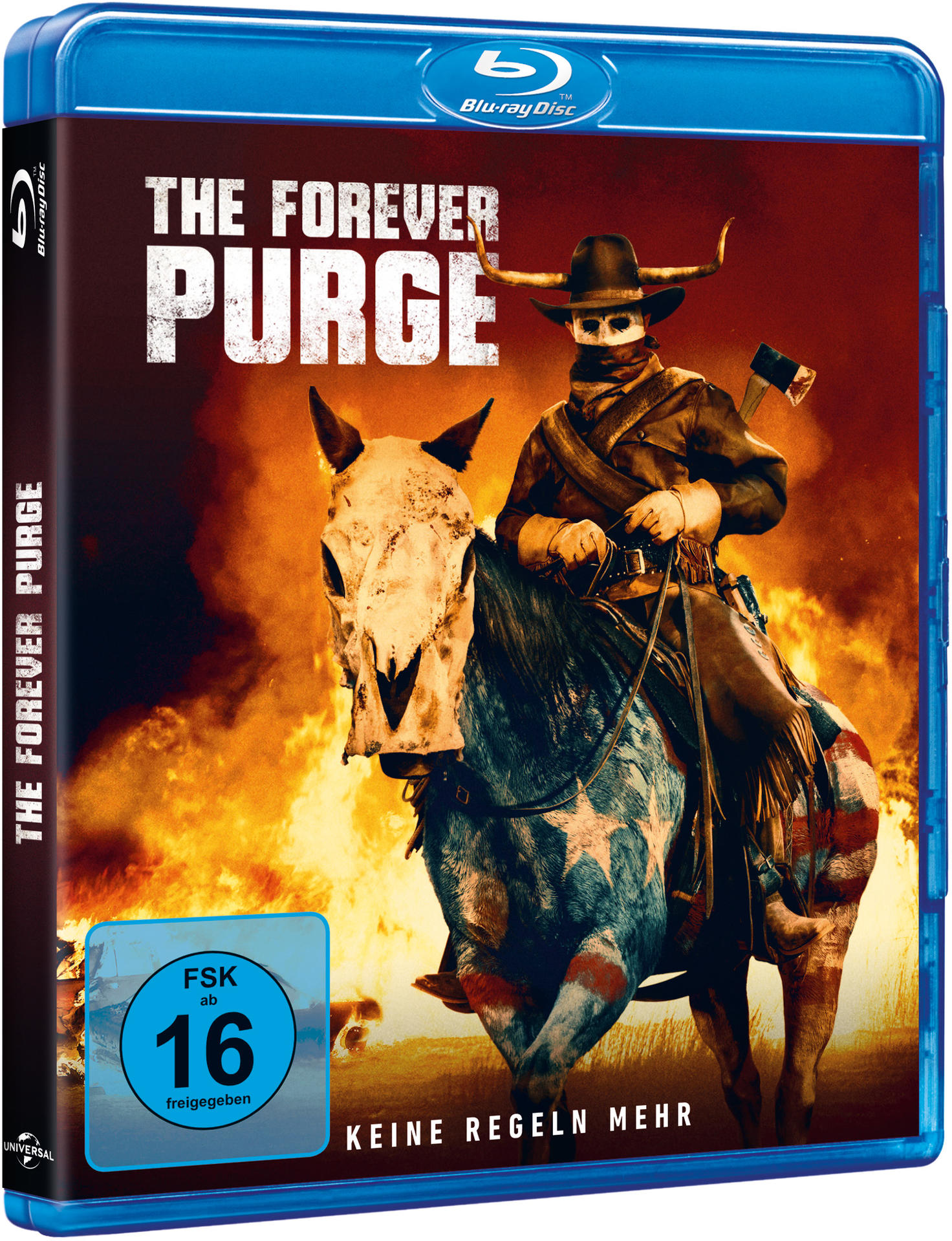 Blu-ray-Hülle für 'The Forever Purge'. Ein Cowboy mit Totenkopfmaske auf einem Pferd wird gezeigt.
