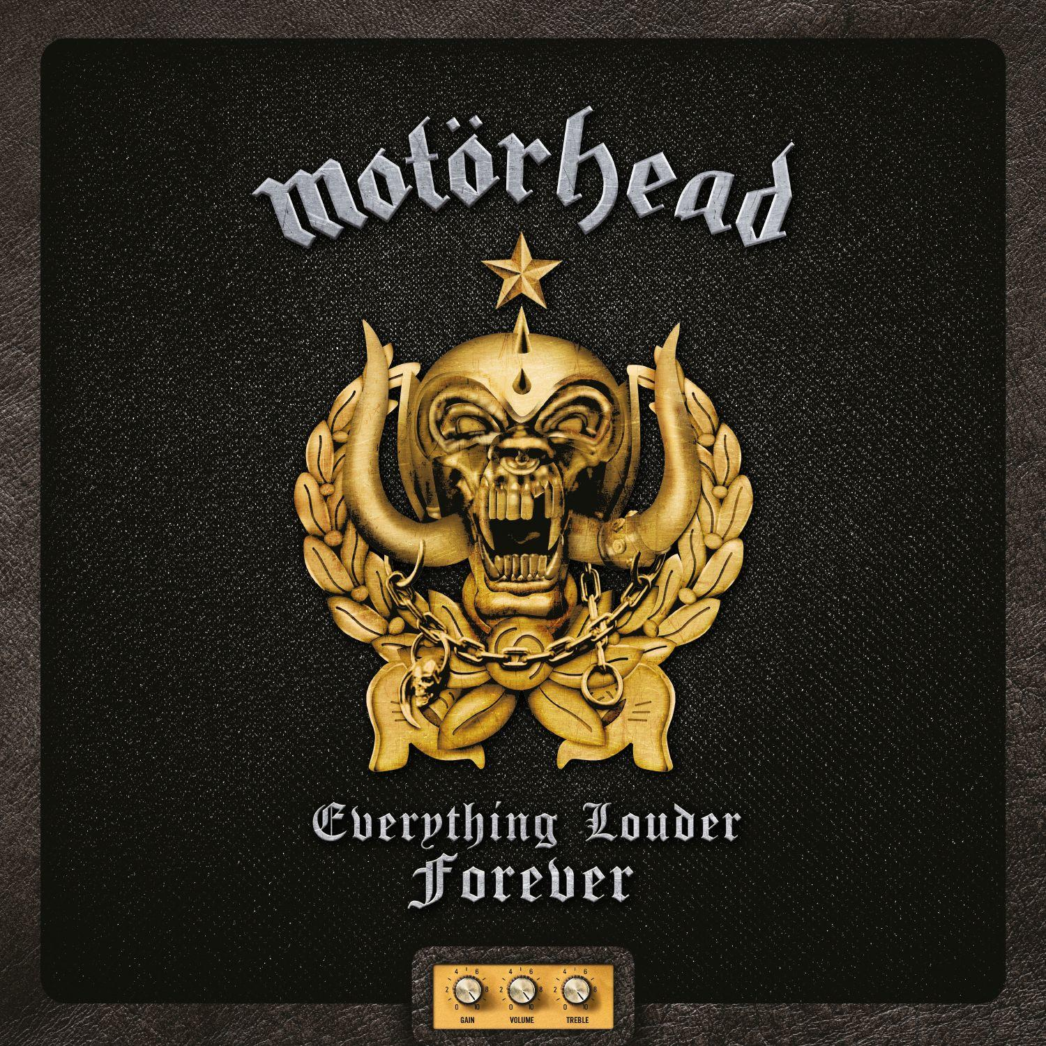Motorhead album borító koponya logóval, szöveggel, és egy vezérlőpanel designnal.