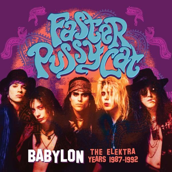 Pochette de l'album : Faster Pussycat, Babylon. Photo du groupe avec superposition de texte, fond violet.