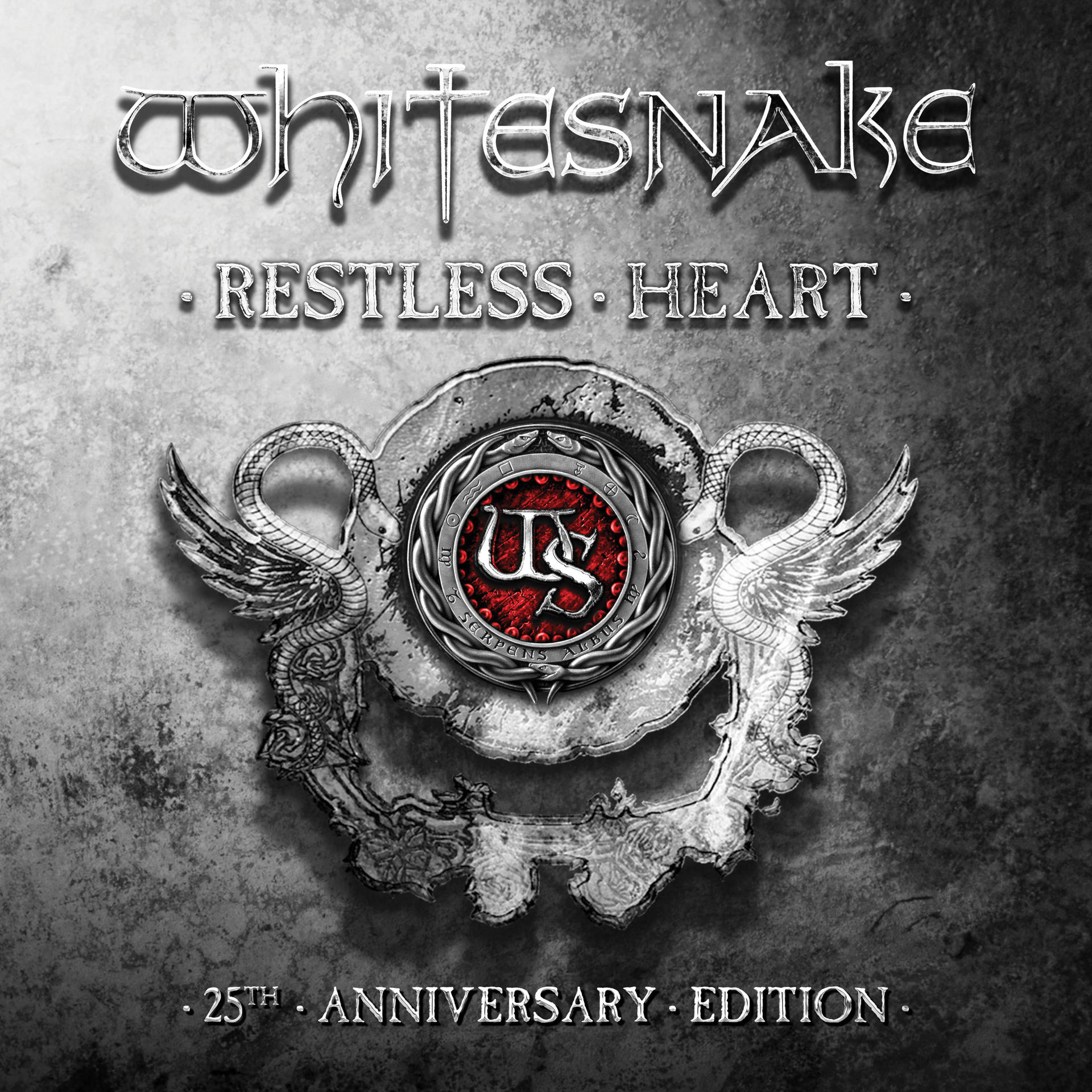 Pochette de l'album Restless Heart de Whitesnake, design argenté et rouge sur fond gris.