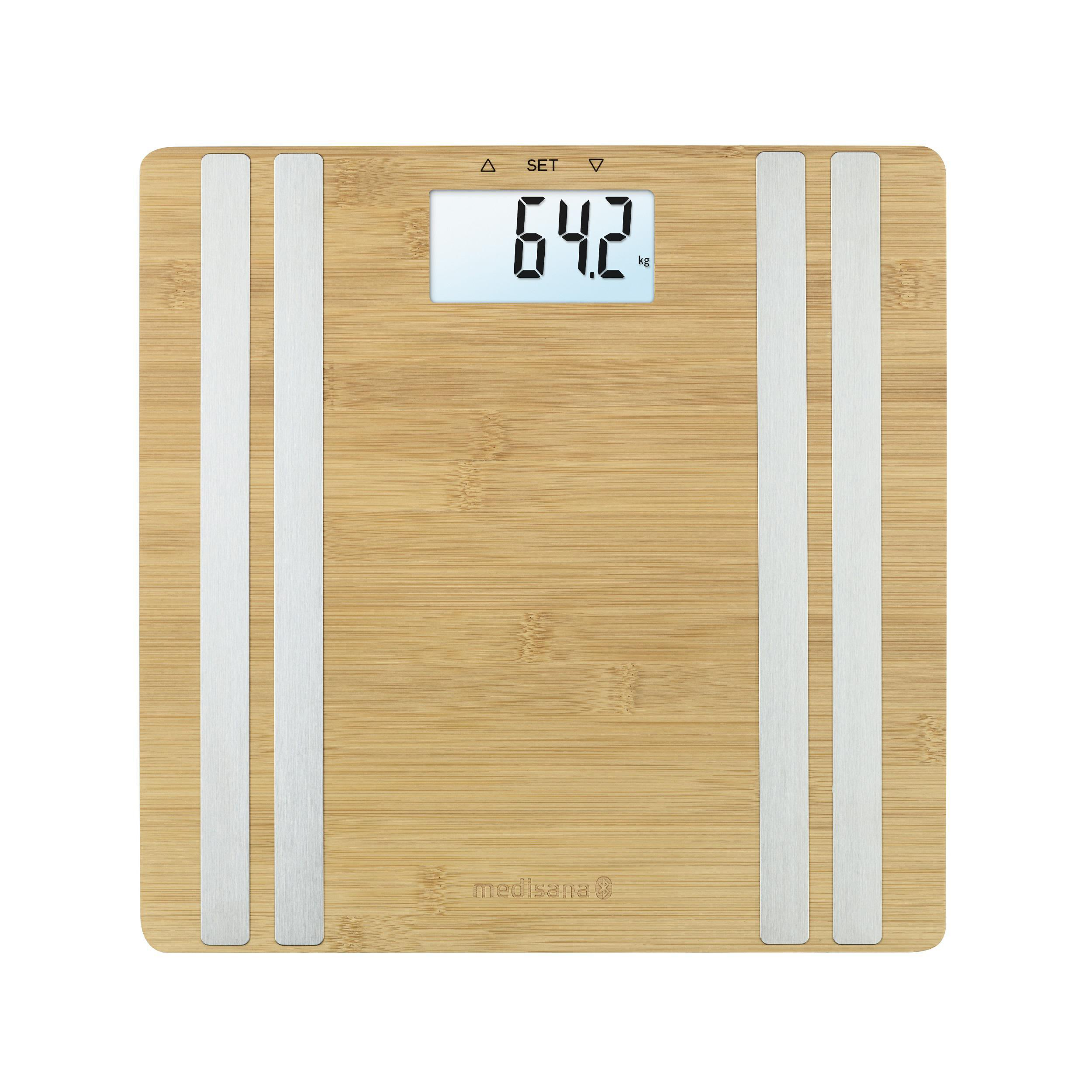 Bambuswaage mit Digitalanzeige, die 64,2 kg anzeigt.