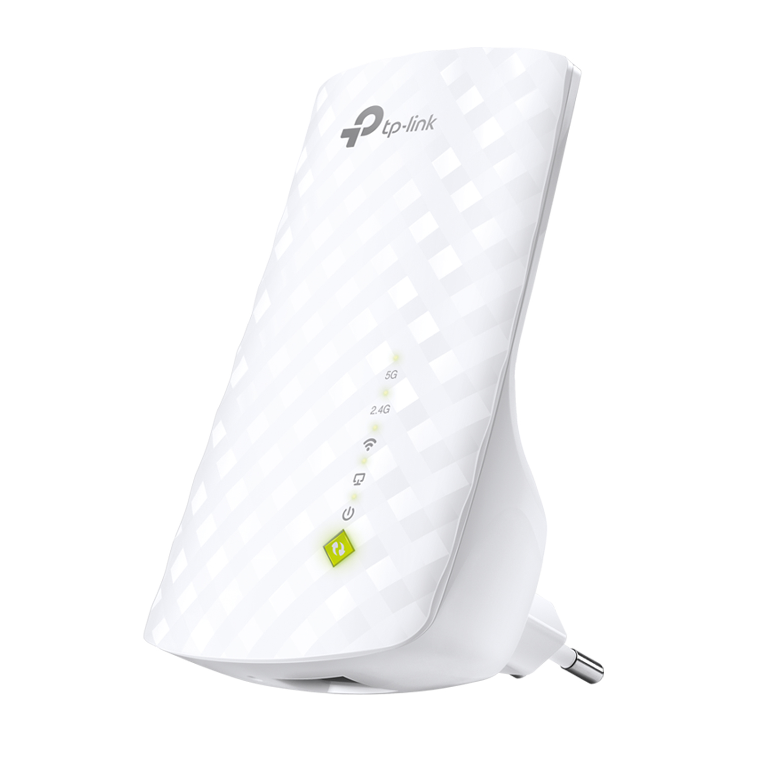 Extensor de alcance TP-Link blanco con luces y enchufe.