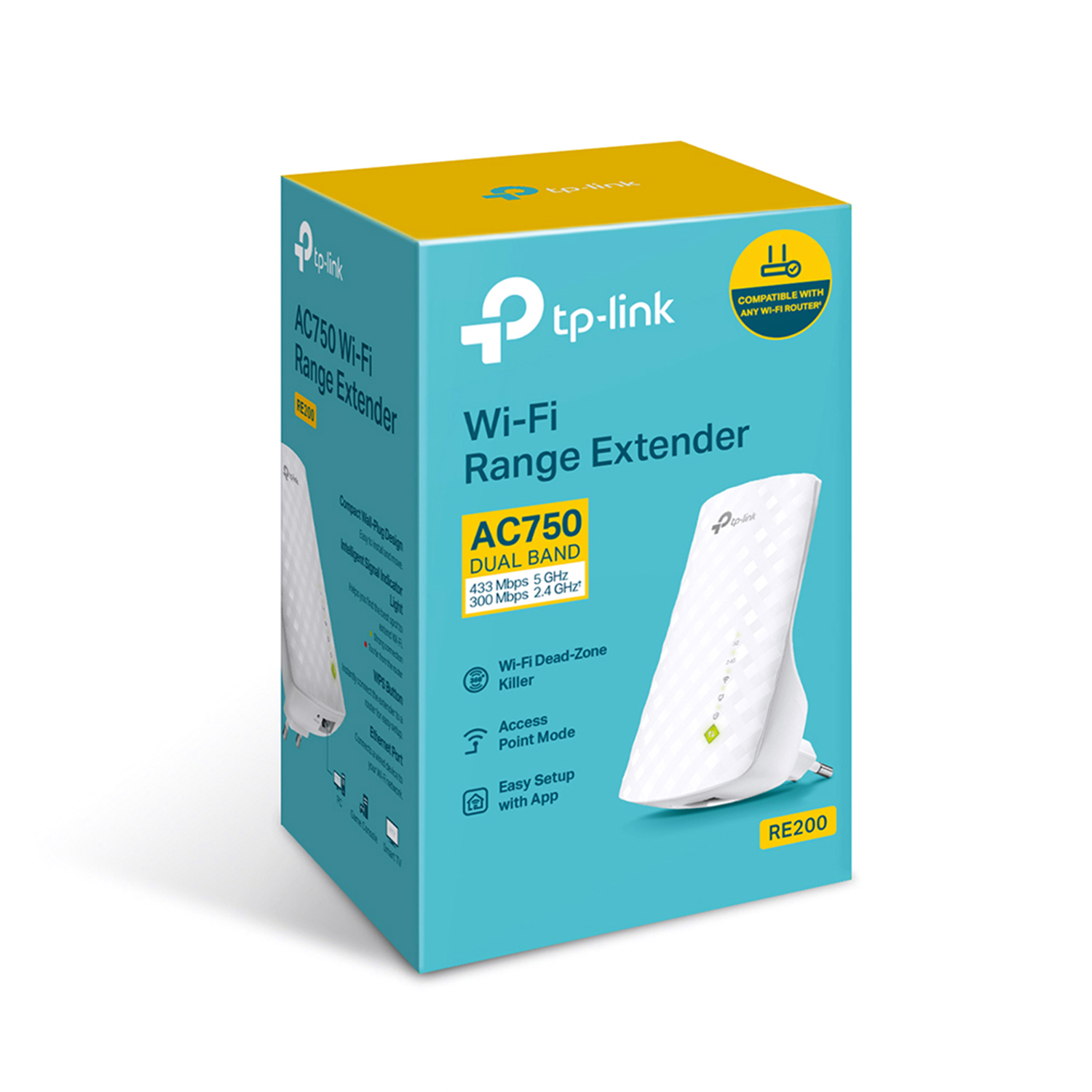 Una caja blanca de extensor de rango Wi-Fi con texto e imágenes del dispositivo. Es turquesa y blanco.