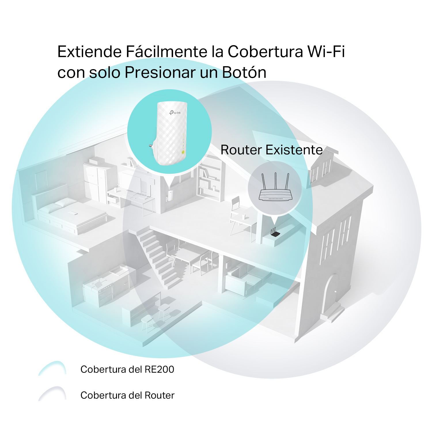 Diagrama de una casa con un router y un extensor, que muestra la cobertura Wi-Fi extendiéndose.