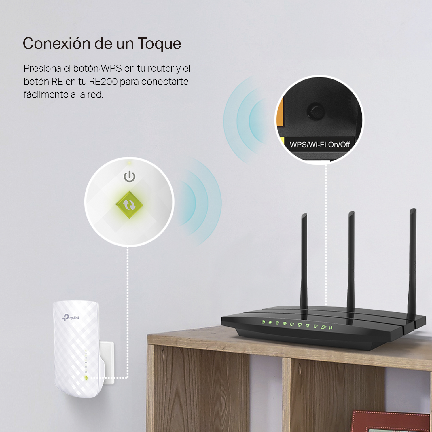 Router y extensor inalámbrico, con diagrama de conexión táctil en estante de madera.