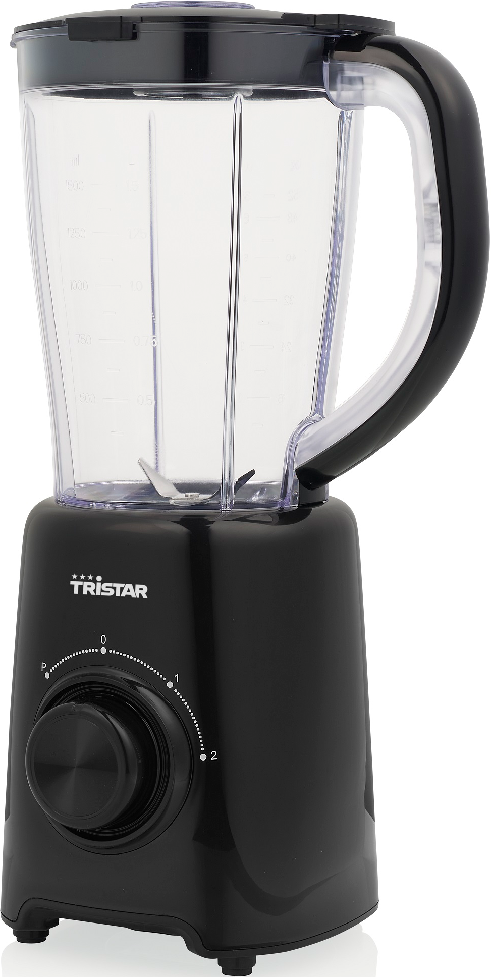 Ein schwarzer Mixer mit einem transparenten Behälter und einem schwarzen Drehknopf.
