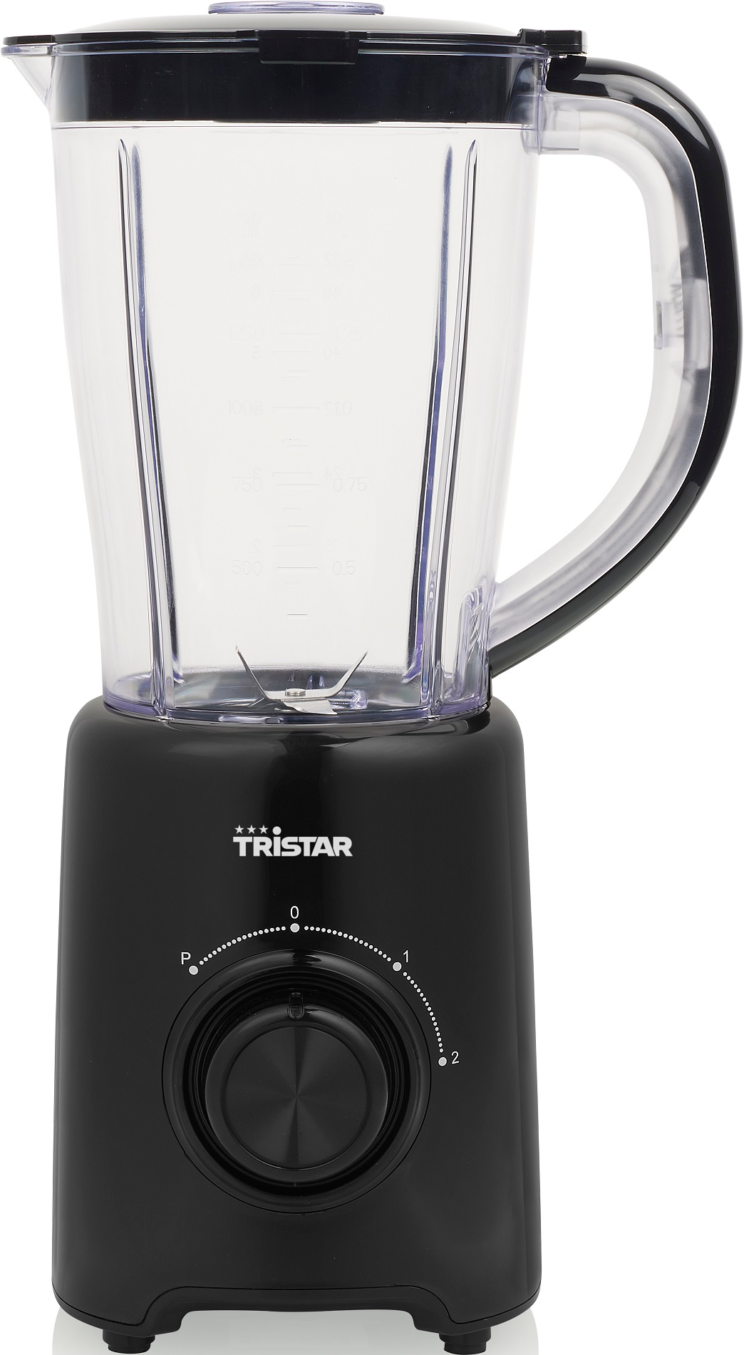 Schwarzer Mixer mit durchsichtigem Kunststoffbehälter und Drehregler.