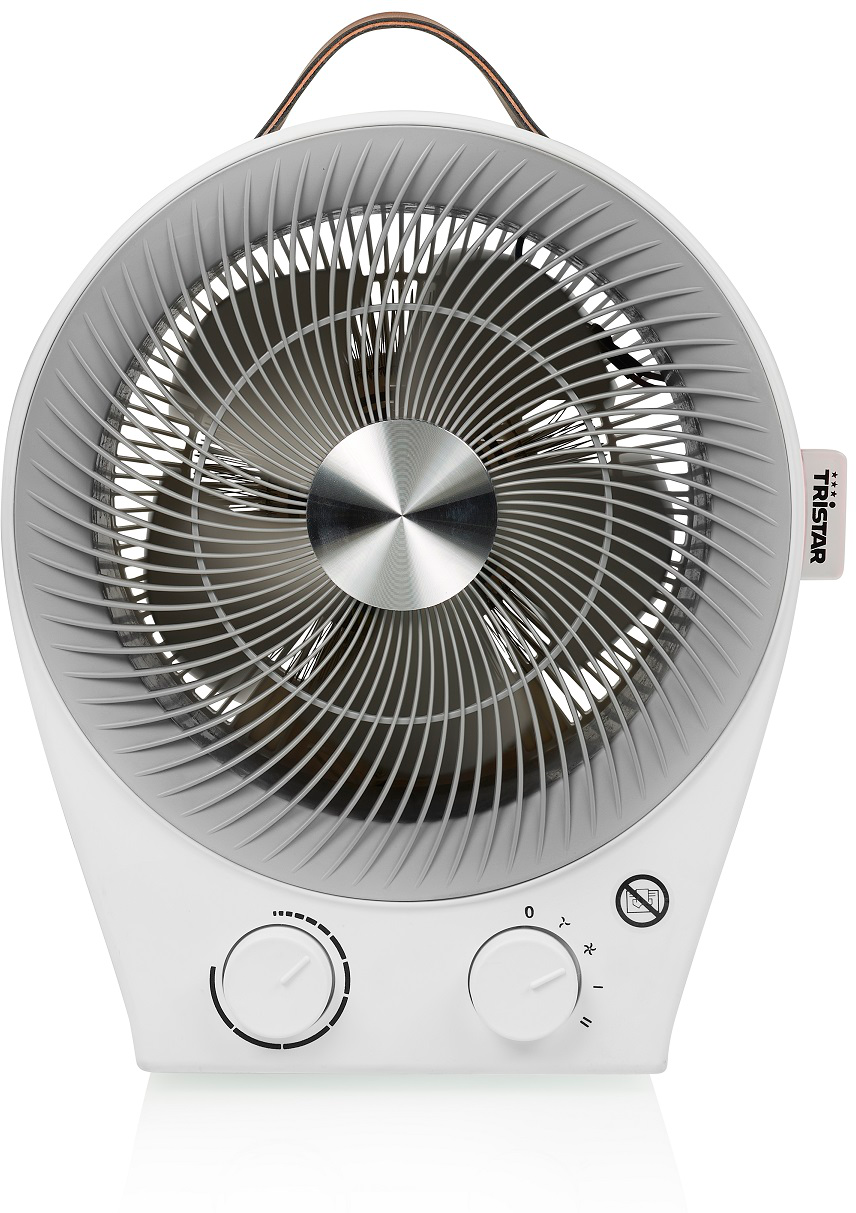 Ein weiß-grauer Ventilator mit Bedienelementen. Griff oben, Flügel innen.