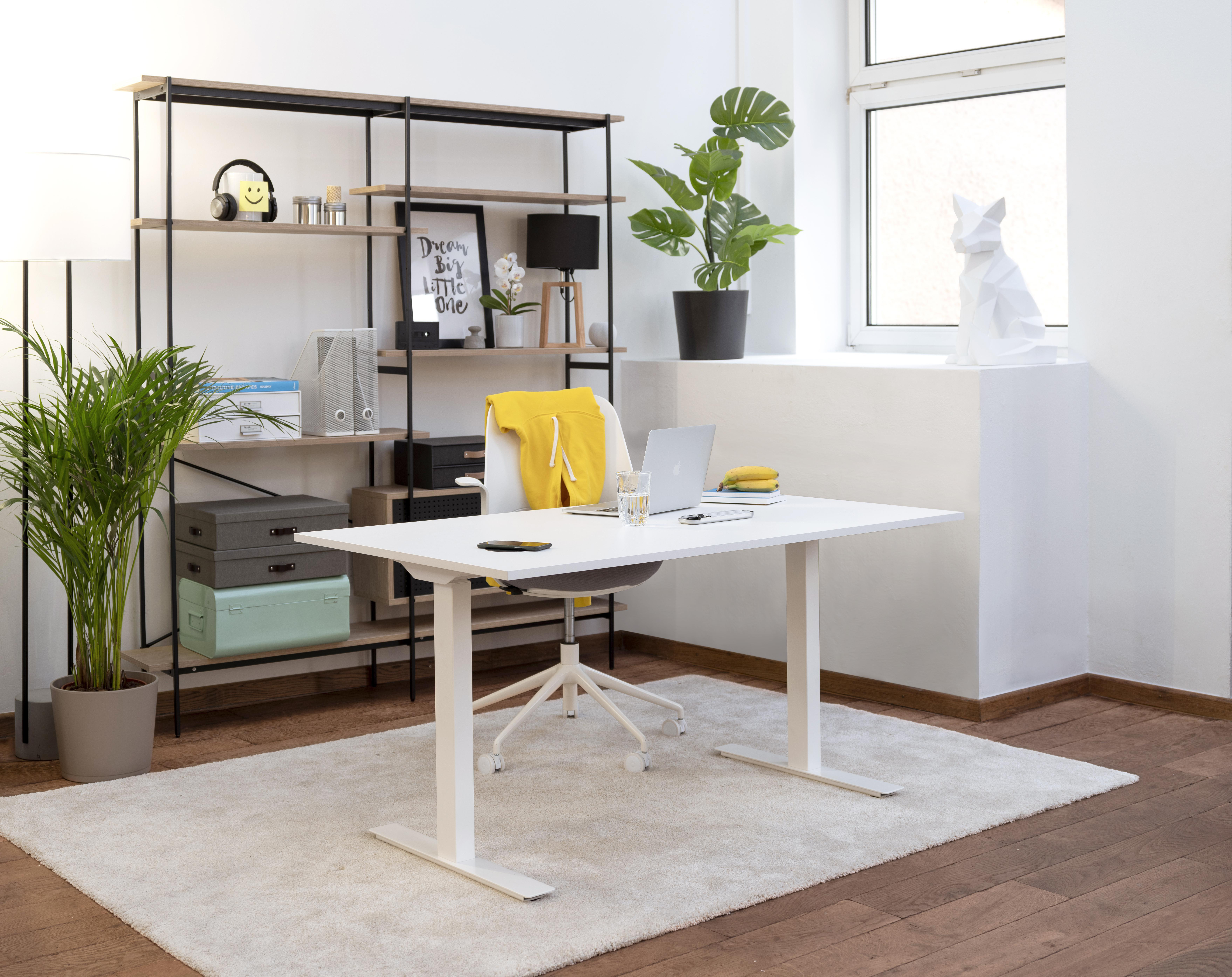 Modernes Büro.  Weißer Schreibtisch, Regale und ein Fenster. Pflanzen vorhanden.