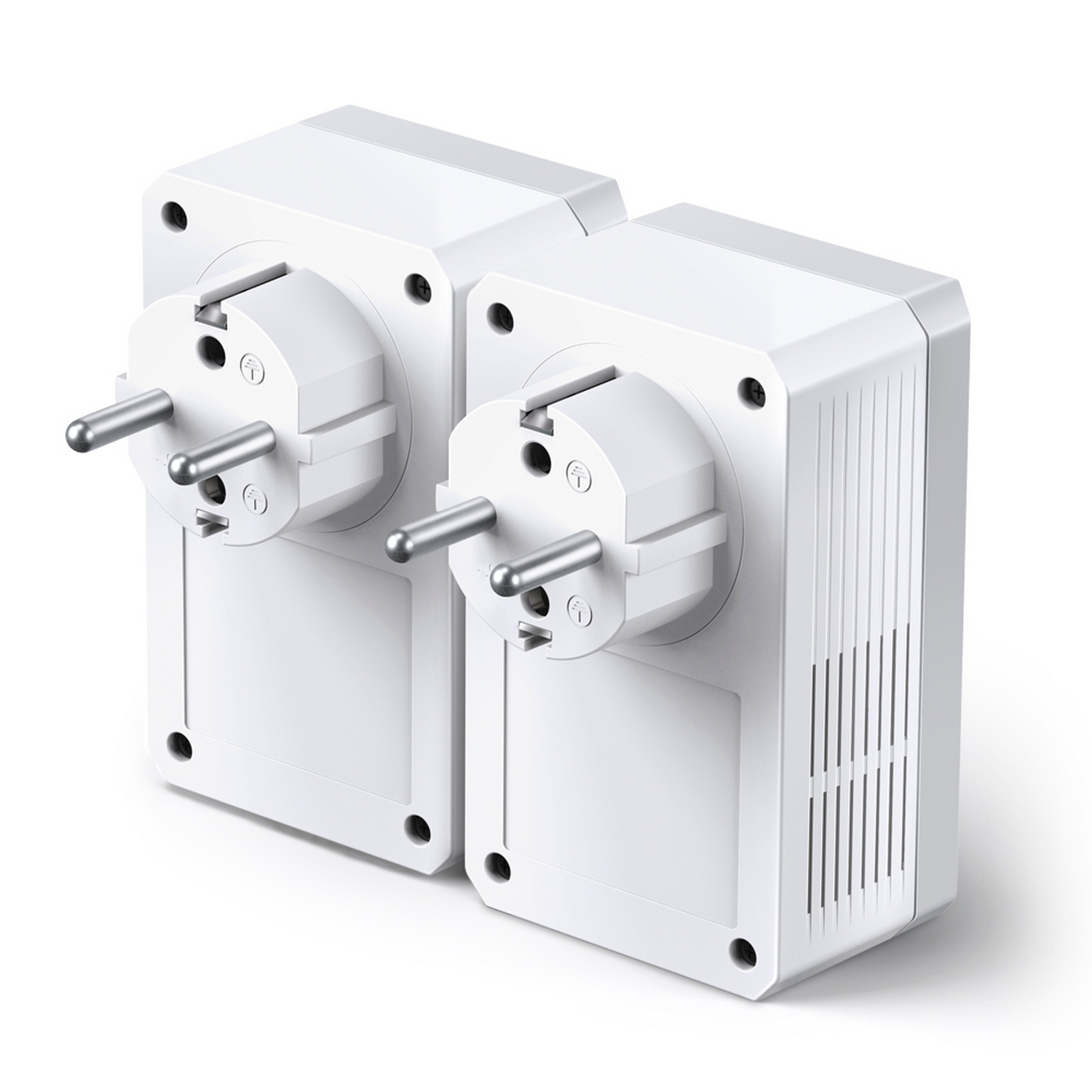 Dos adaptadores blancos con clavijas.