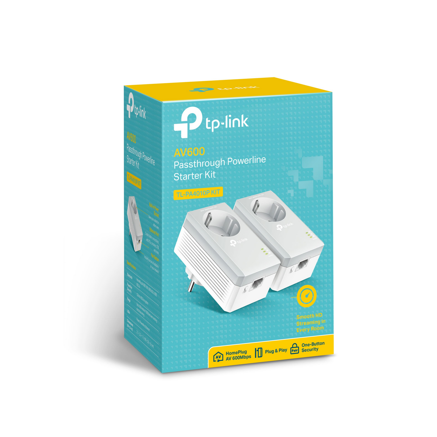 Caja del kit de inicio de línea eléctrica TP-Link blanco y azul con dos adaptadores.