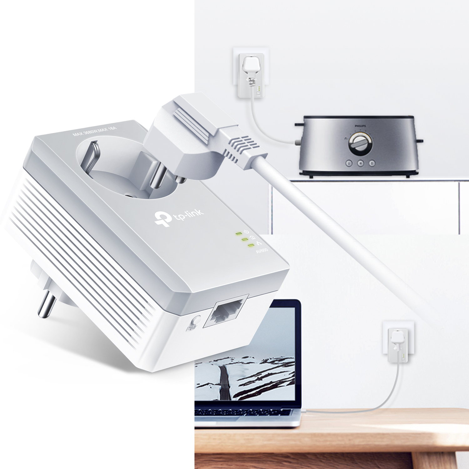 Adaptador Powerline con un portátil y una tostadora al fondo, fondo blanco.