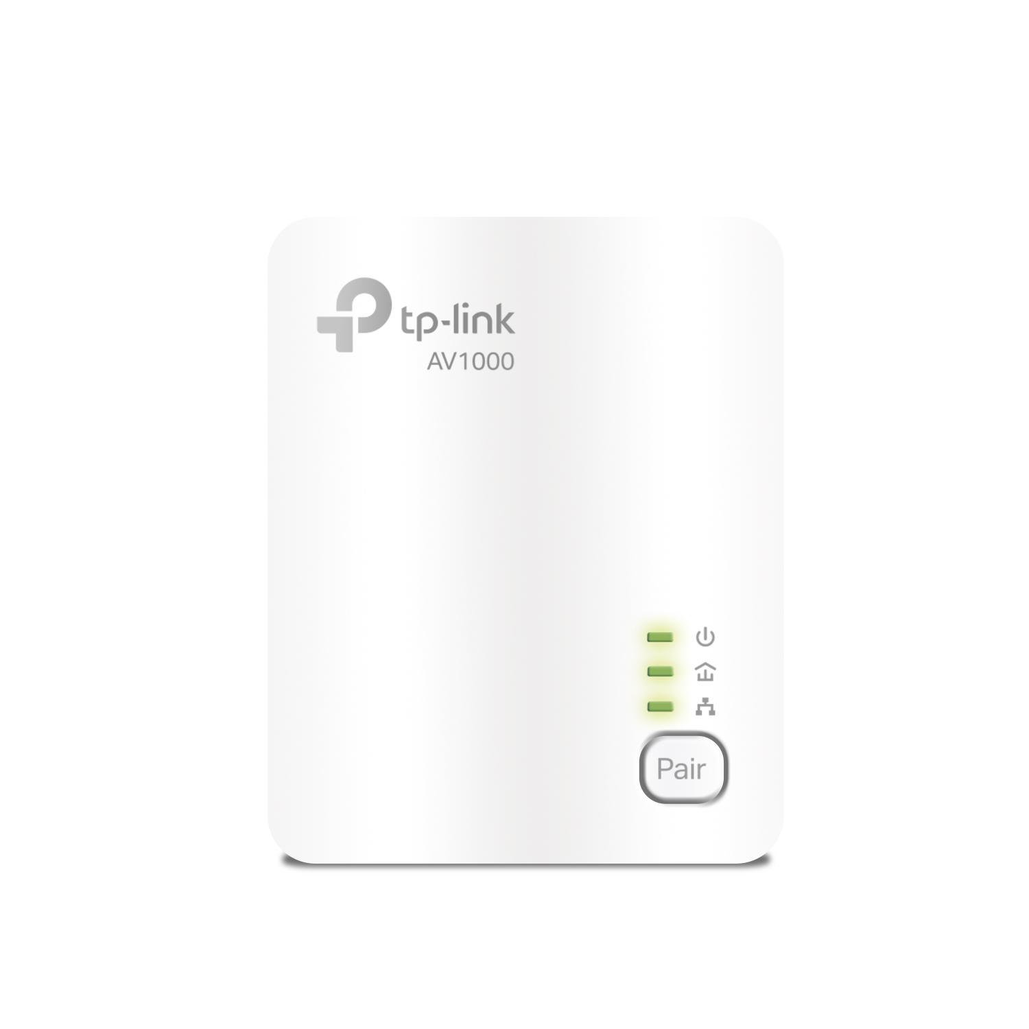 Un adaptador de línea eléctrica TP-Link AV1000 blanco con tres luces indicadoras verdes.