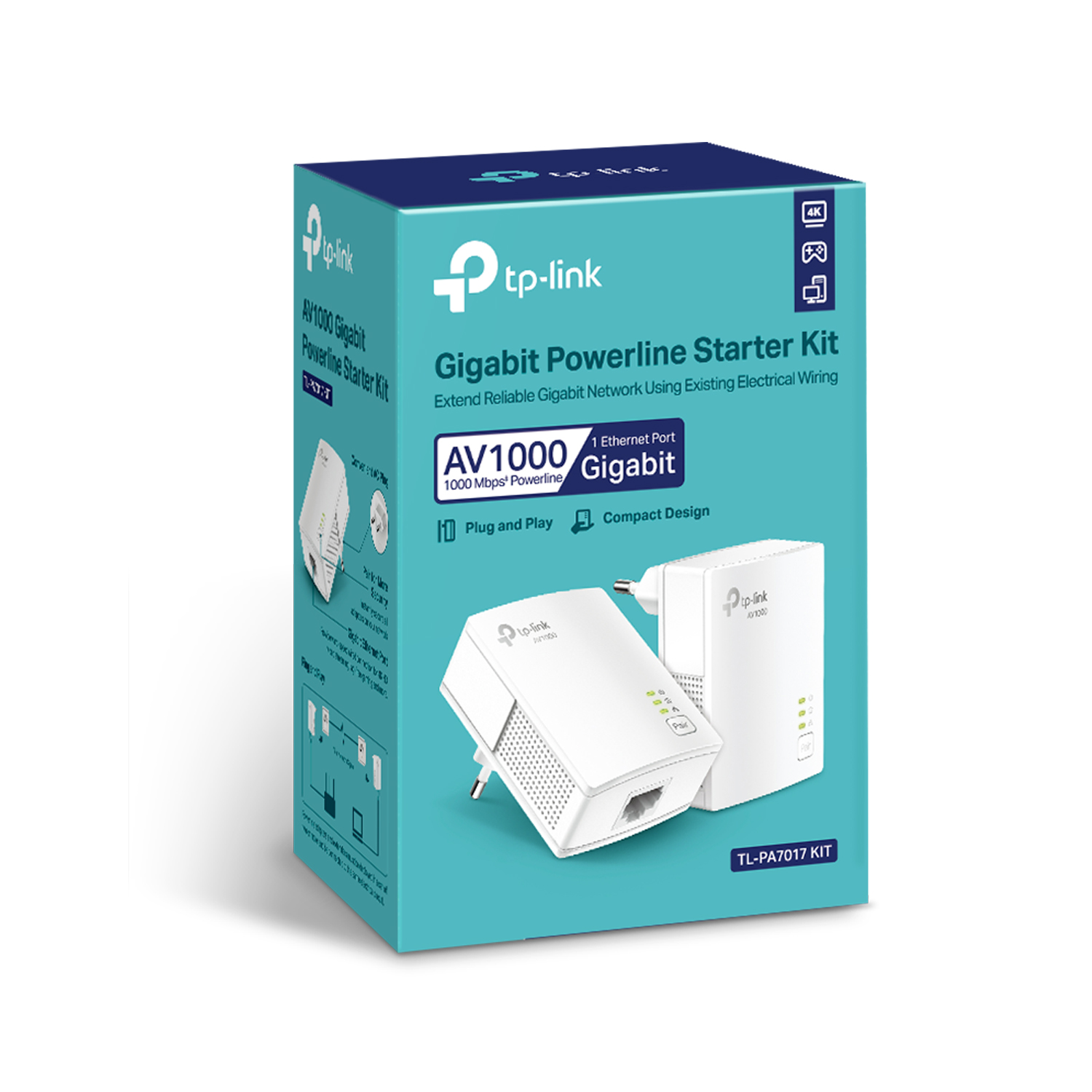 Caja con el título 'Gigabit Powerline Starter Kit' y una imagen de los dispositivos.