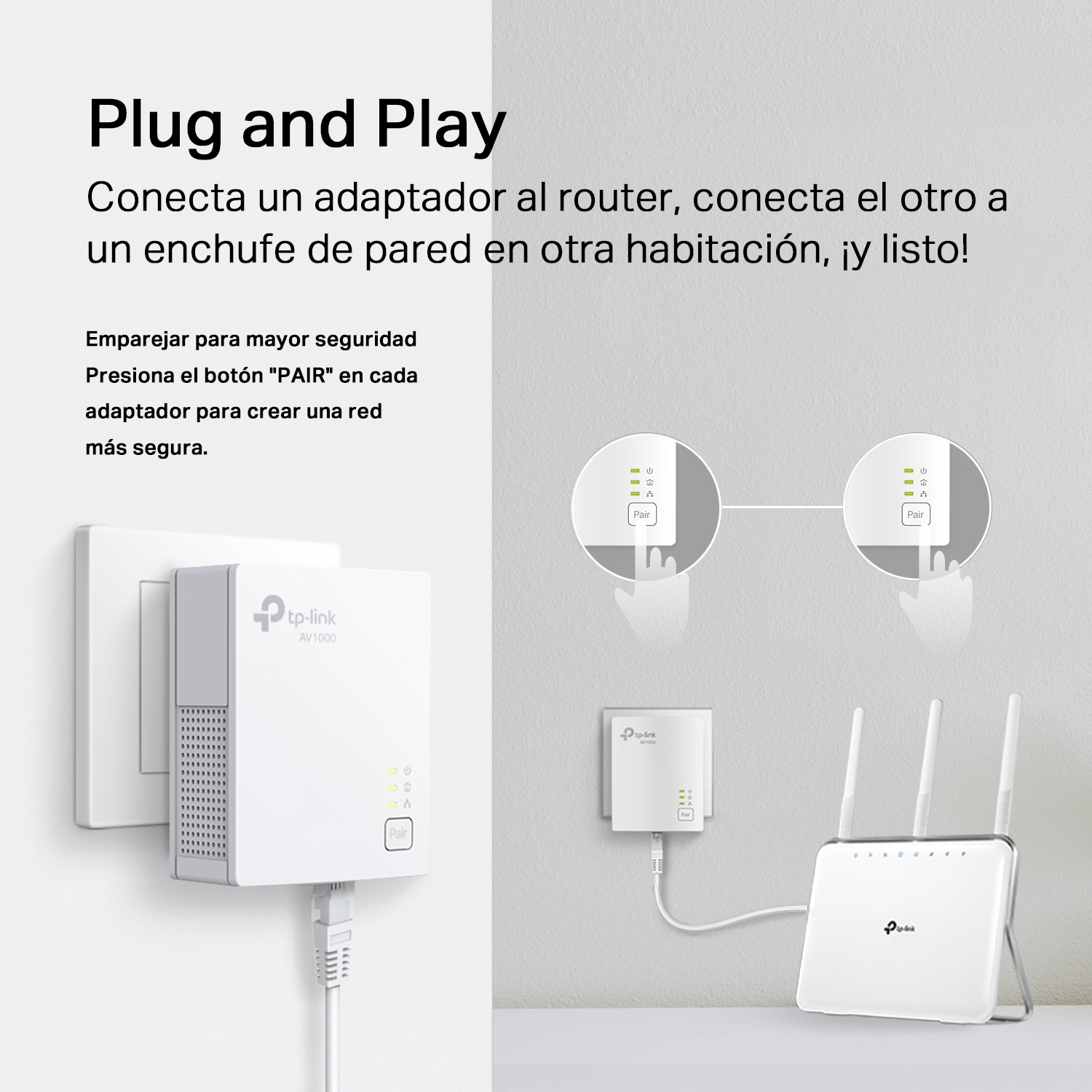 Diagrama que muestra una configuración de red inalámbrica plug and play. Dispositivos blancos con luces azules.