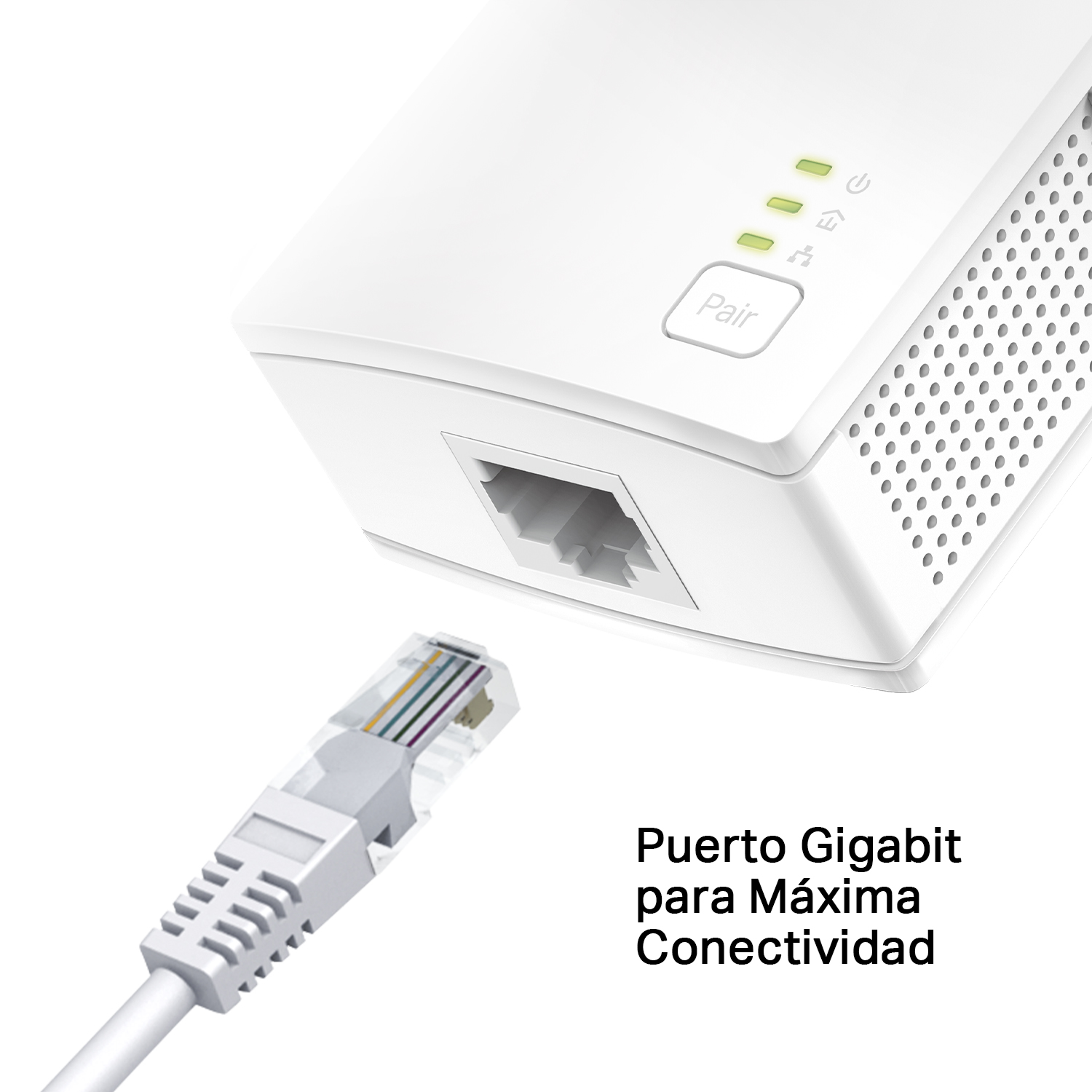 Adaptador de red blanco con cable. Texto en español sobre blanco.