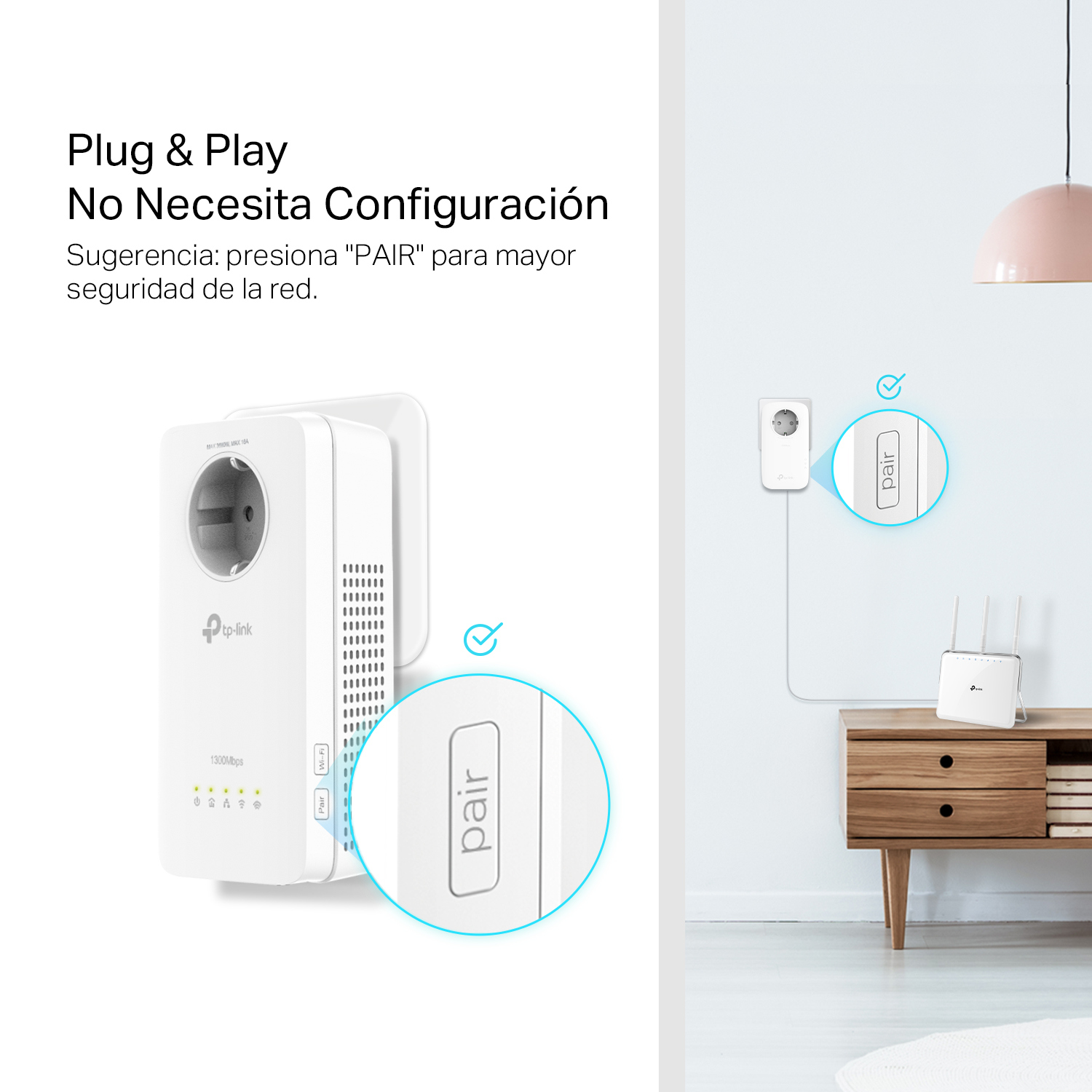 Dispositivo TP-Link blanco enchufado a la pared, con otro dispositivo cerca. Texto: Plug & Play.