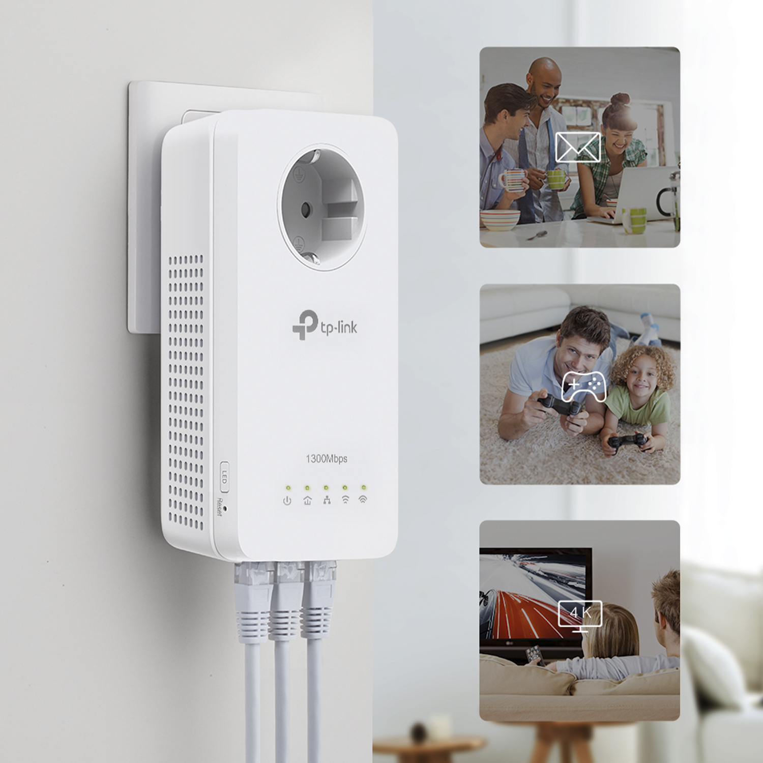 Dispositivo blanco con enchufe y cables sujetos a una pared.