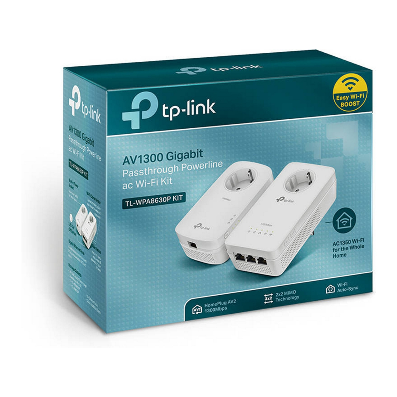 Una caja blanca del kit de adaptador Powerline Gigabit TP-Link AV1300. Muestra los dos adaptadores.