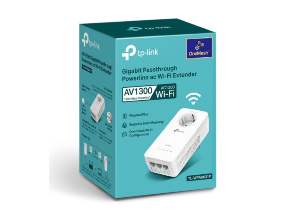 Una caja turquesa con un extensor Wi-Fi de línea eléctrica blanca y detalles del producto.