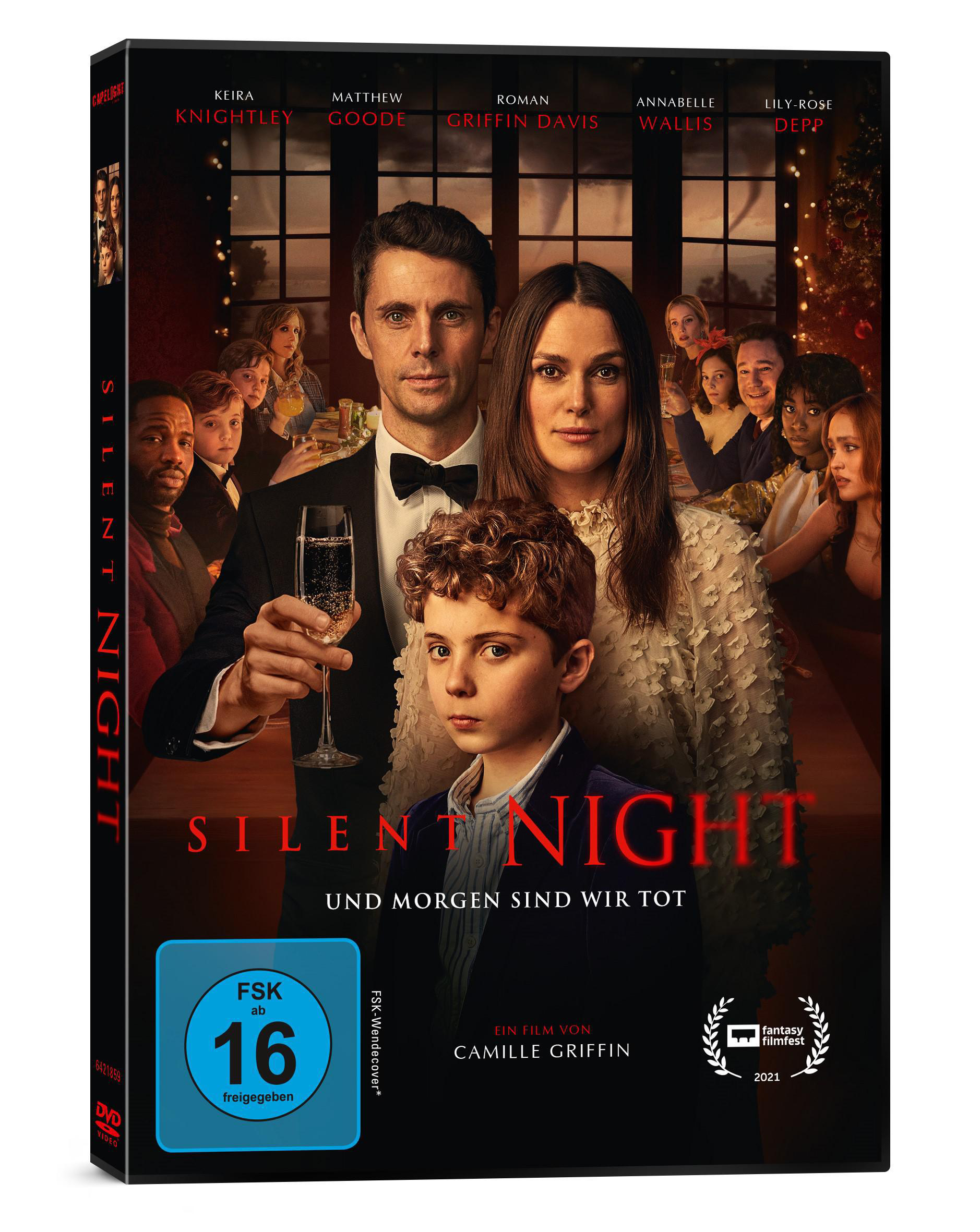 DVD-Cover, Film 'Silent Night', mit Cast-Foto, einer Familie mit Kind und Text auf Englisch und Deutsch.