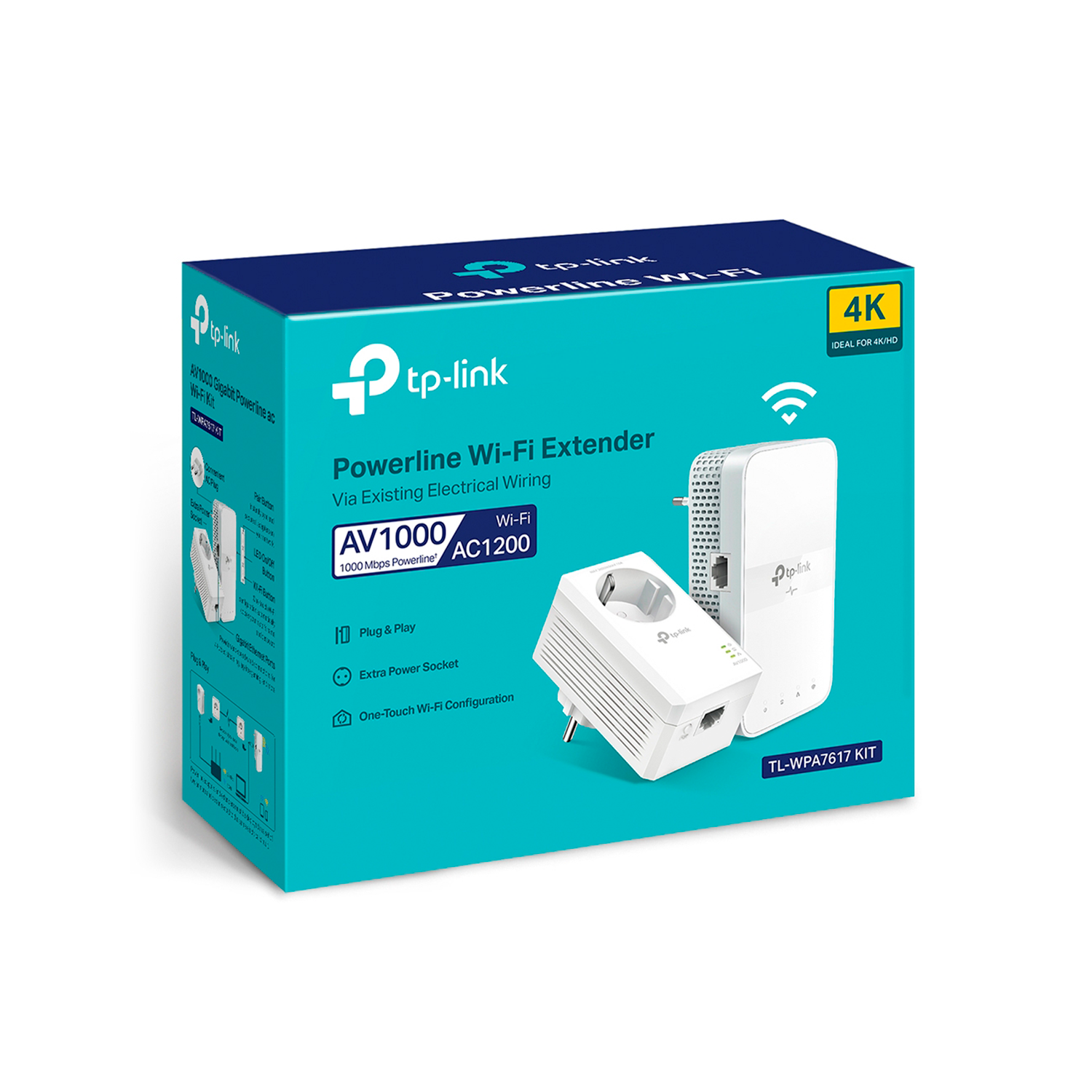 Una caja azul y blanca para un TP-Link Powerline Wi-Fi Extender, con dispositivos mostrados.