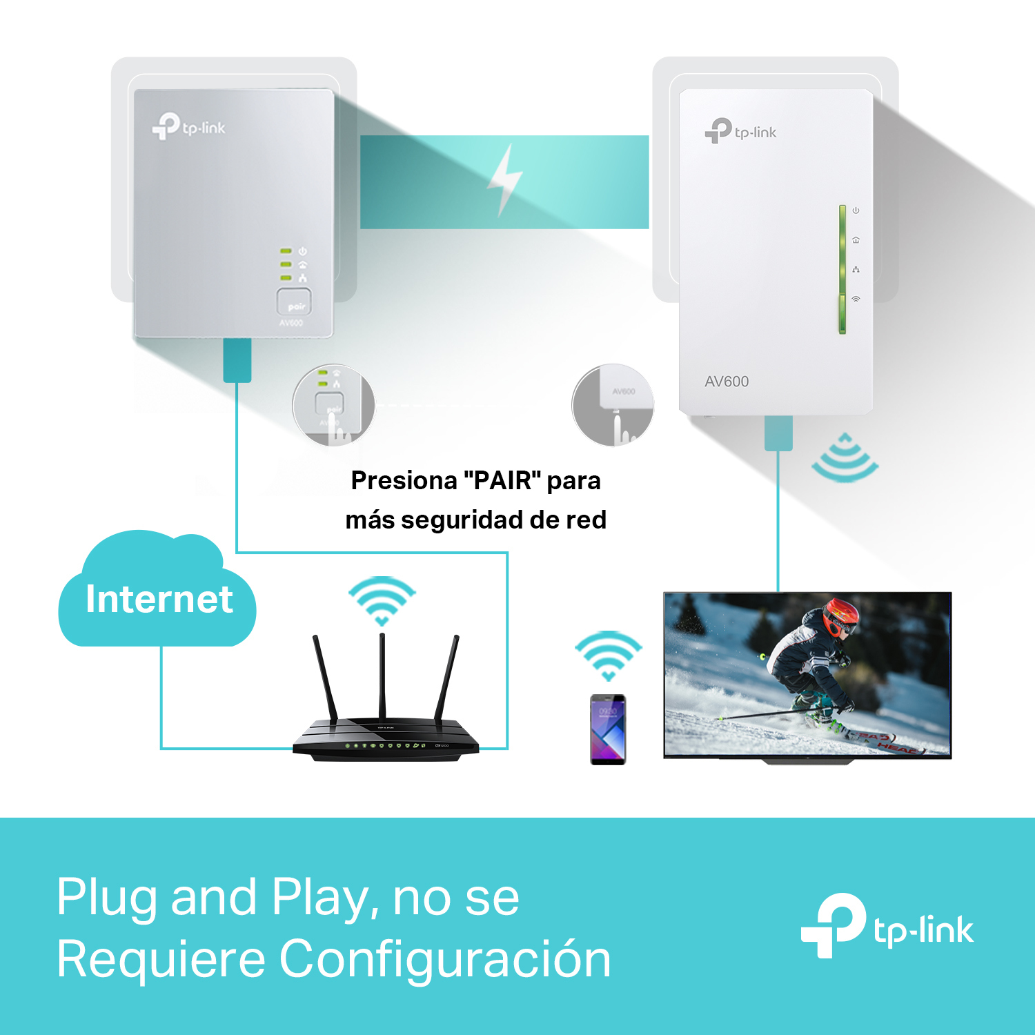 Configuración de extensores de red Tp-link. Router, extensor y TV. Fondo blanco, acentos azules.
