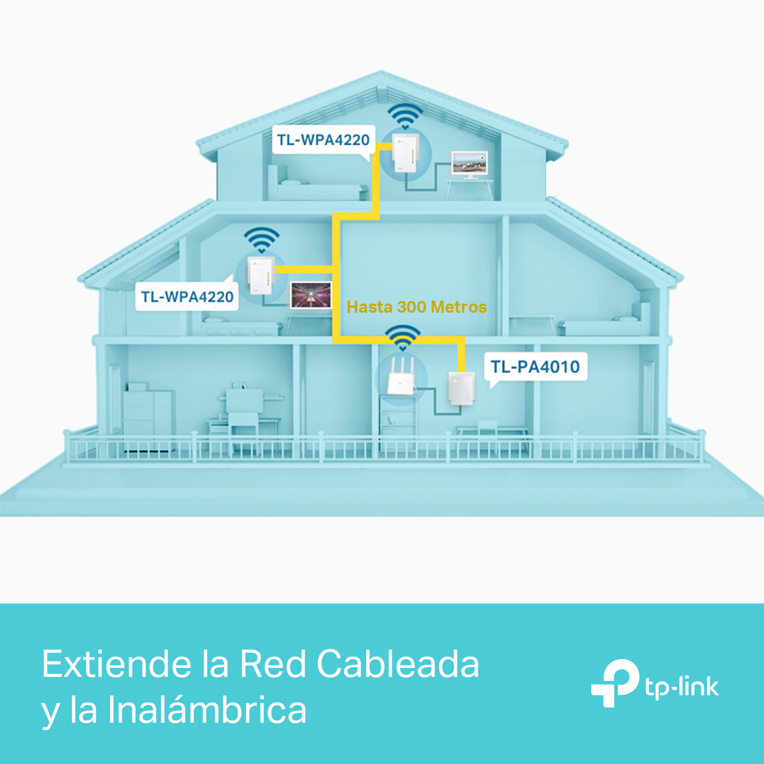 Diagrama de una casa con dispositivos de red inalámbrica y texto, en español, promocionando el sistema TP-Link.