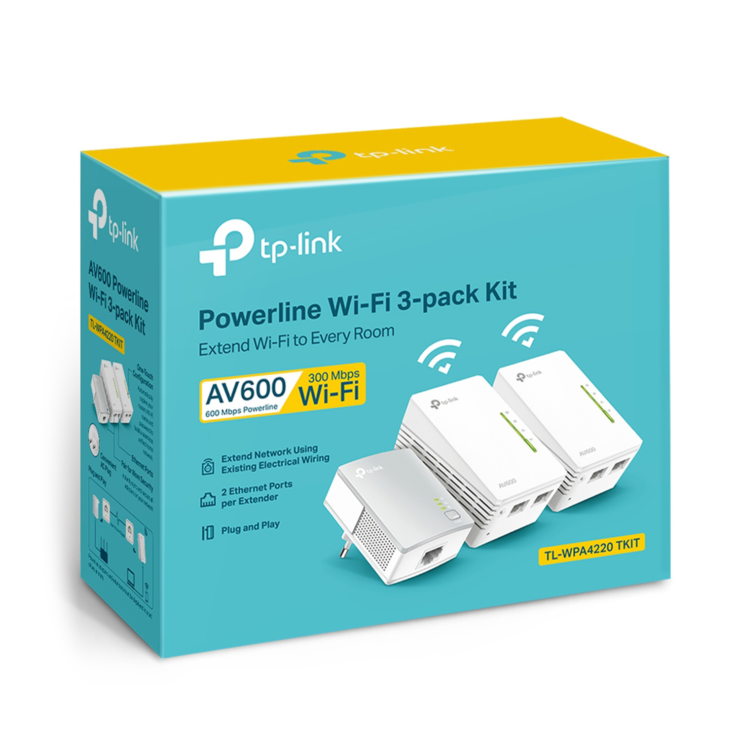 Una caja turquesa y amarilla de un kit Powerline Wi-Fi de 3 unidades, tp-link.